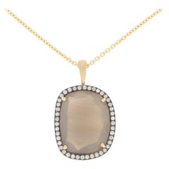 7.70 Carat Smoky Moonstone and Diamond Pendant Necklace, 14 Karat Gold Halo