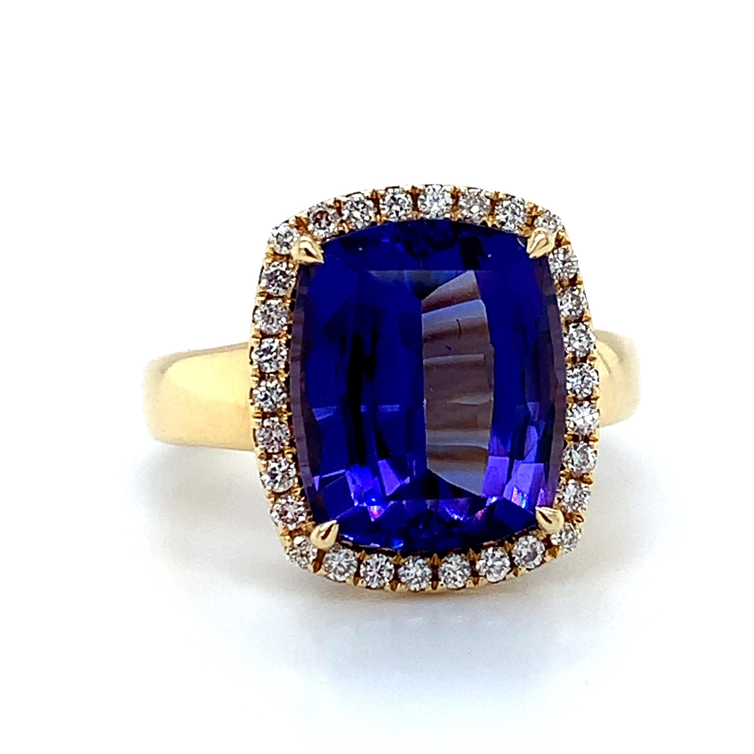 Artisan 7.70 Carat Tanzanite Cushion, Diamond Halo Yellow Gold Cocktail Ring