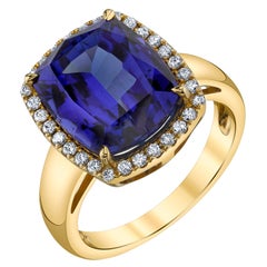 7.70 Carat Tanzanite Cushion, Diamond Halo Yellow Gold Cocktail Ring