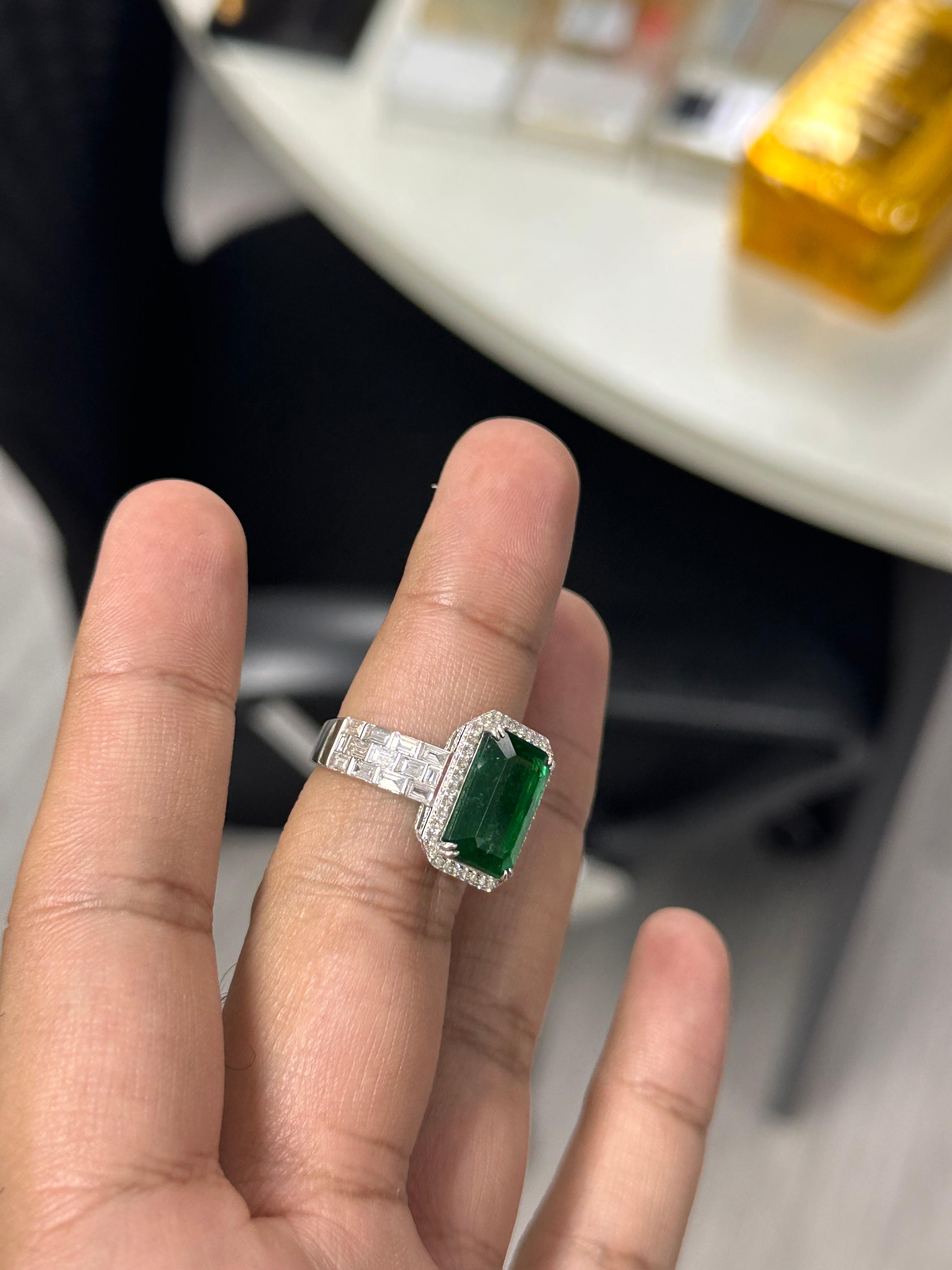 Emerald Cut 7.70 Carat Zambian Emerald Diamond Cocktail Ring For Sale