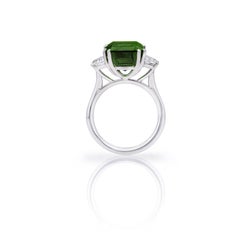 7.70 Carats Emerald Cut Chrome Tourmaline and Trapezoid Diamond 3 Stone Ring