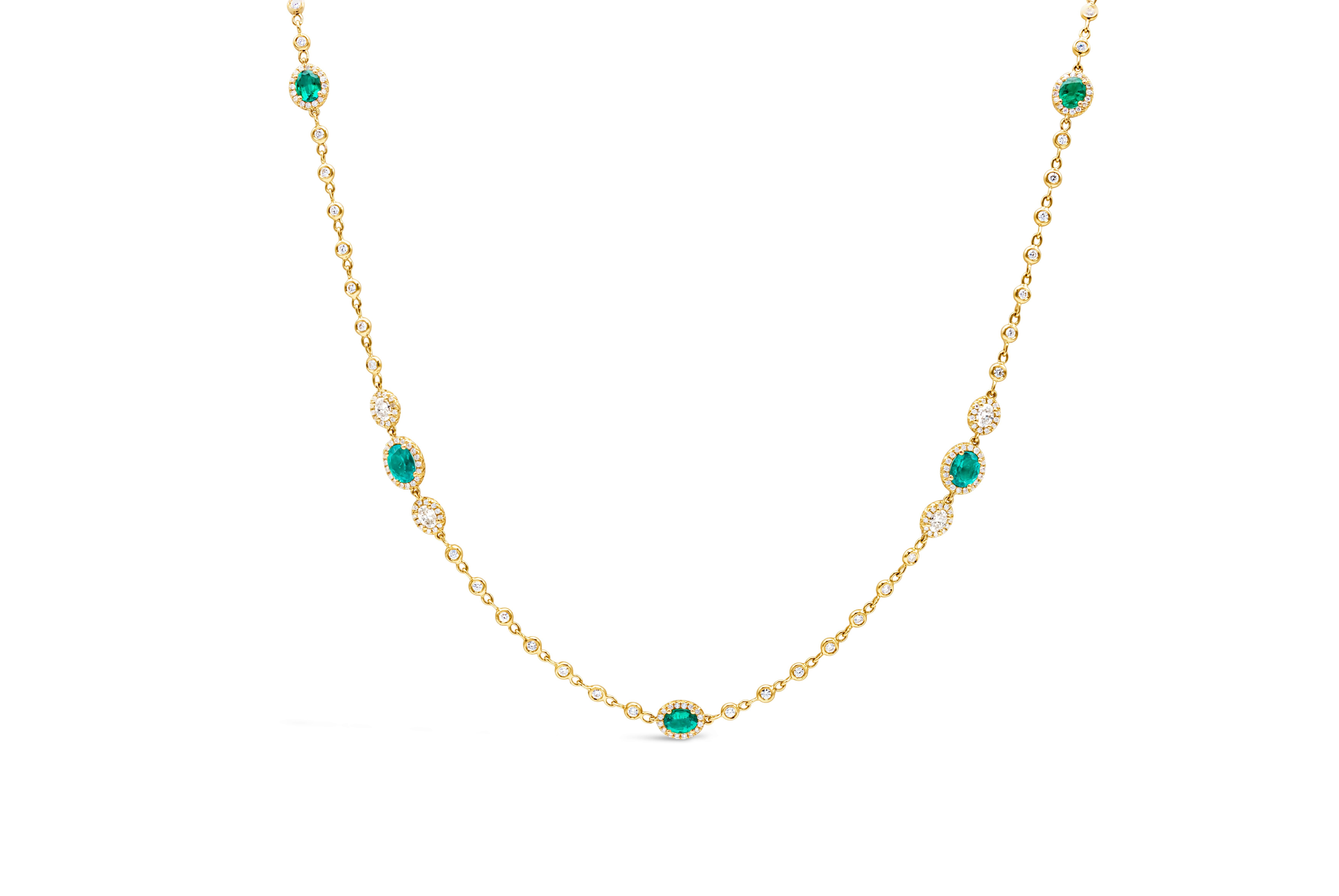 Contemporary 7.70 Carats Total Oval Cut Colombian Emerald & Diamond By the Yard Necklace For Sale