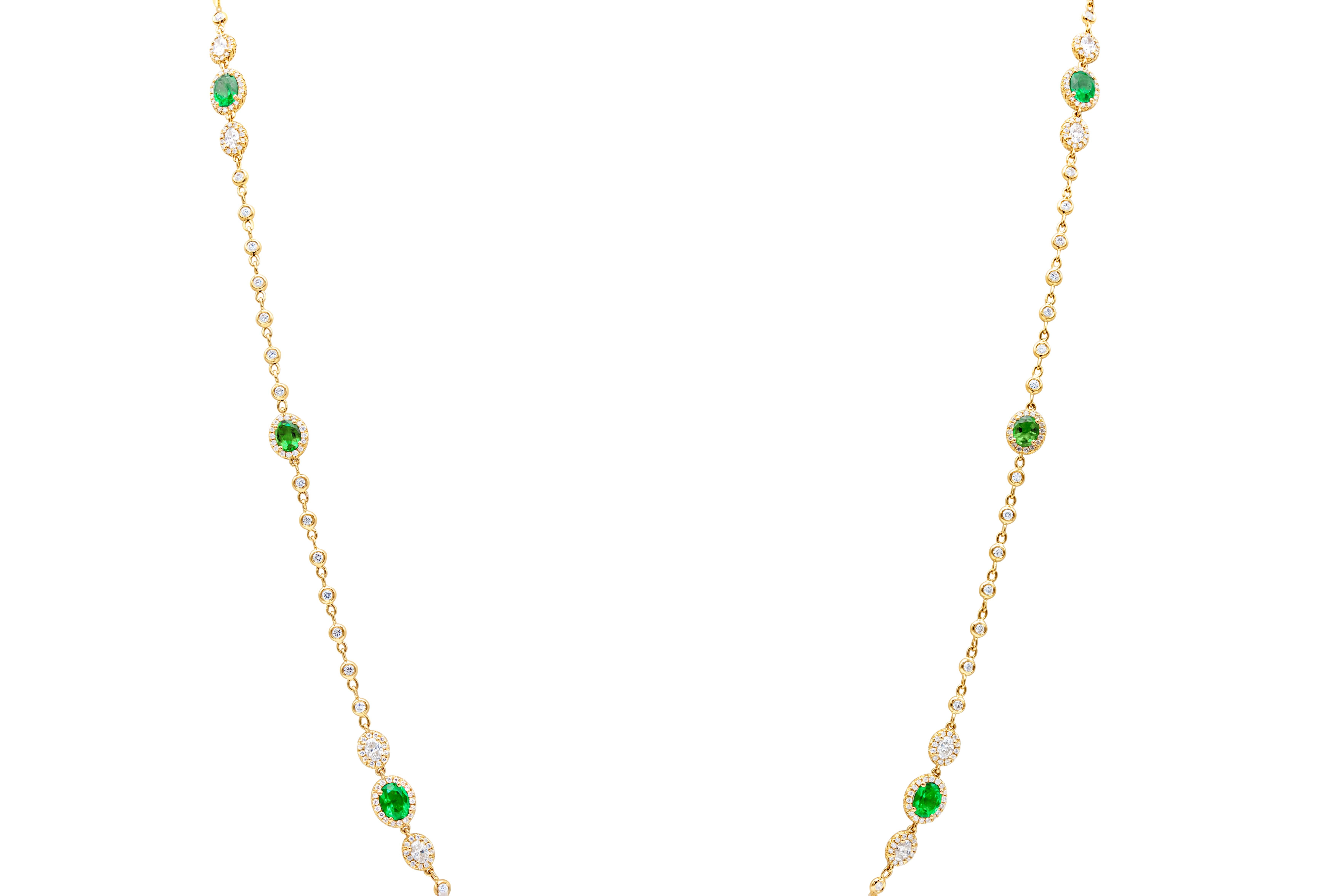 7.70 Carats Total Oval Cut Colombian Emerald & Diamond By the Yard Necklace In New Condition For Sale In New York, NY