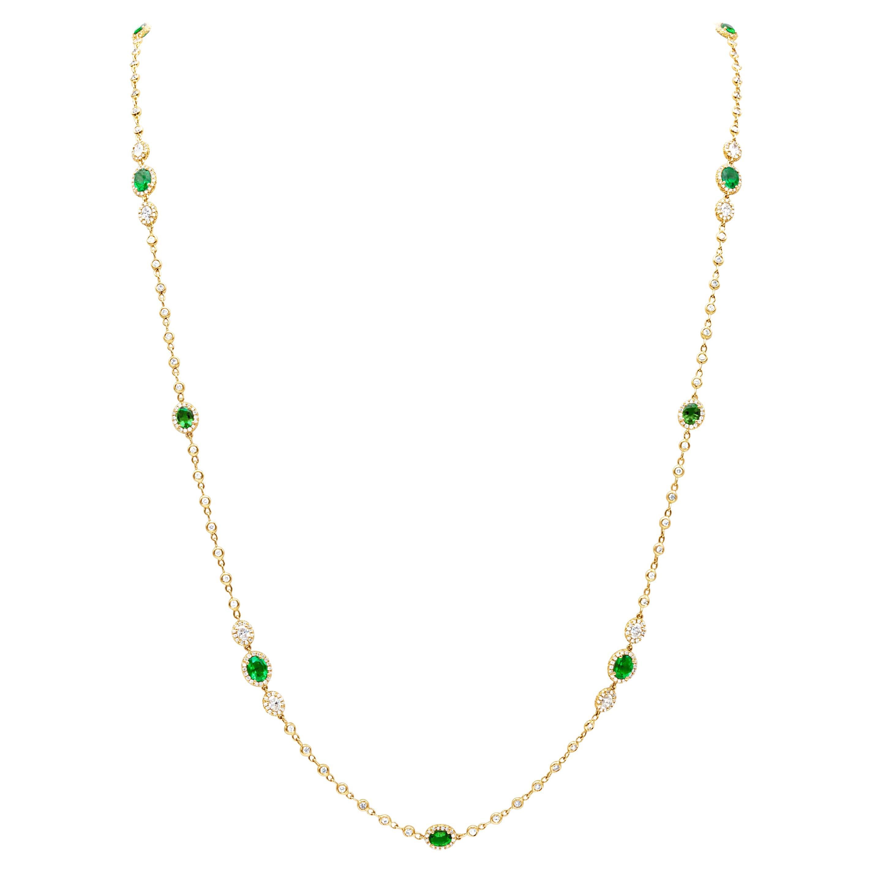7.70 Carats Total Oval Cut Colombian Emerald & Diamond By the Yard Necklace