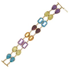 77.00 Carat Amethyst Topaz Garnet Quartz Citrine Two-Row Gold Bracelet