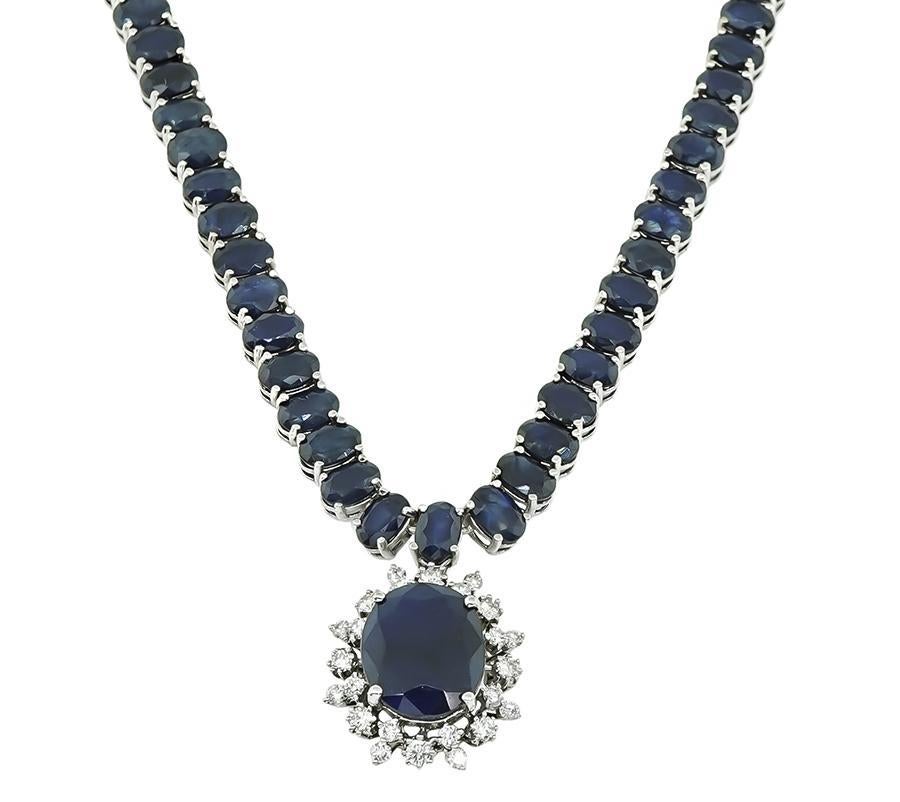 Oval Cut 77.00ct Sapphire 0.65ct Diamond Pendant Necklace For Sale