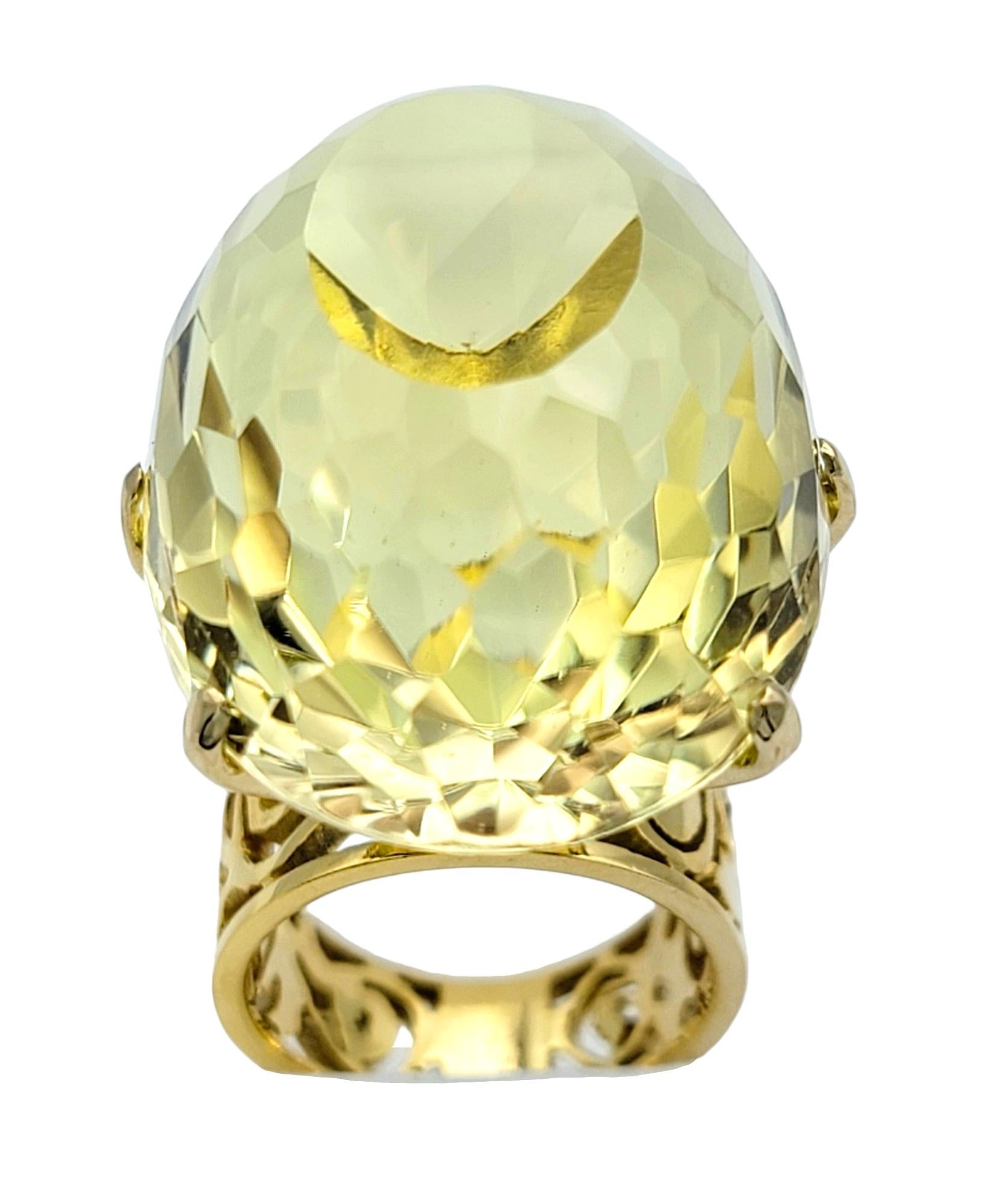 Contemporary 77.08 Carat Oval Citrine High Profile Cocktail Ring Set in 14 Karat Yellow Gold For Sale