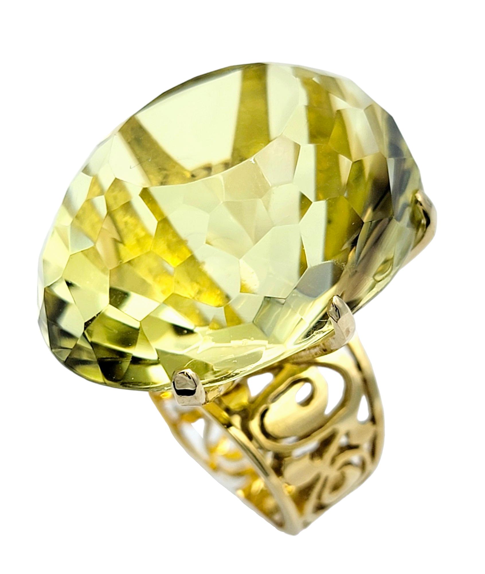 Oval Cut 77.08 Carat Oval Citrine High Profile Cocktail Ring Set in 14 Karat Yellow Gold For Sale