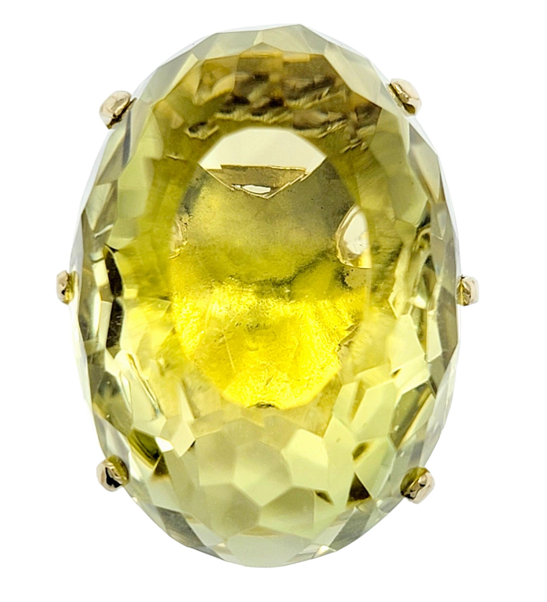 Women's 77.08 Carat Oval Citrine High Profile Cocktail Ring Set in 14 Karat Yellow Gold For Sale