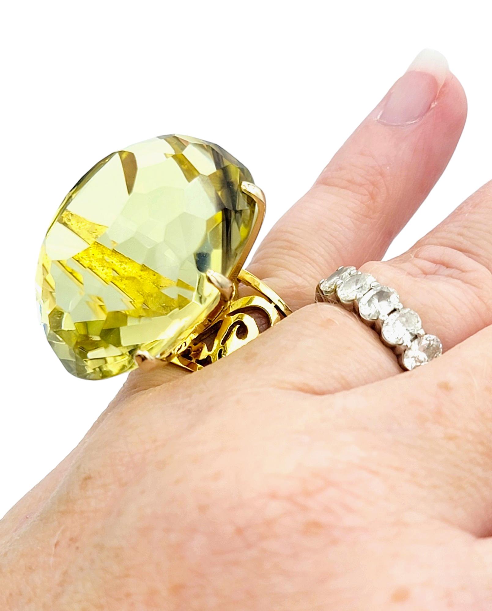 77.08 Carat Oval Citrine High Profile Cocktail Ring Set in 14 Karat Yellow Gold For Sale 2