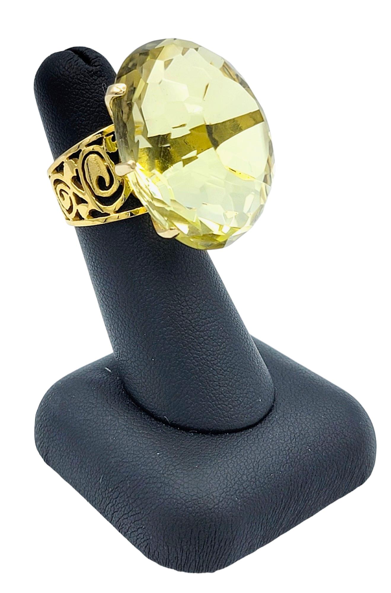 77.08 Carat Oval Citrine High Profile Cocktail Ring Set in 14 Karat Yellow Gold For Sale 3