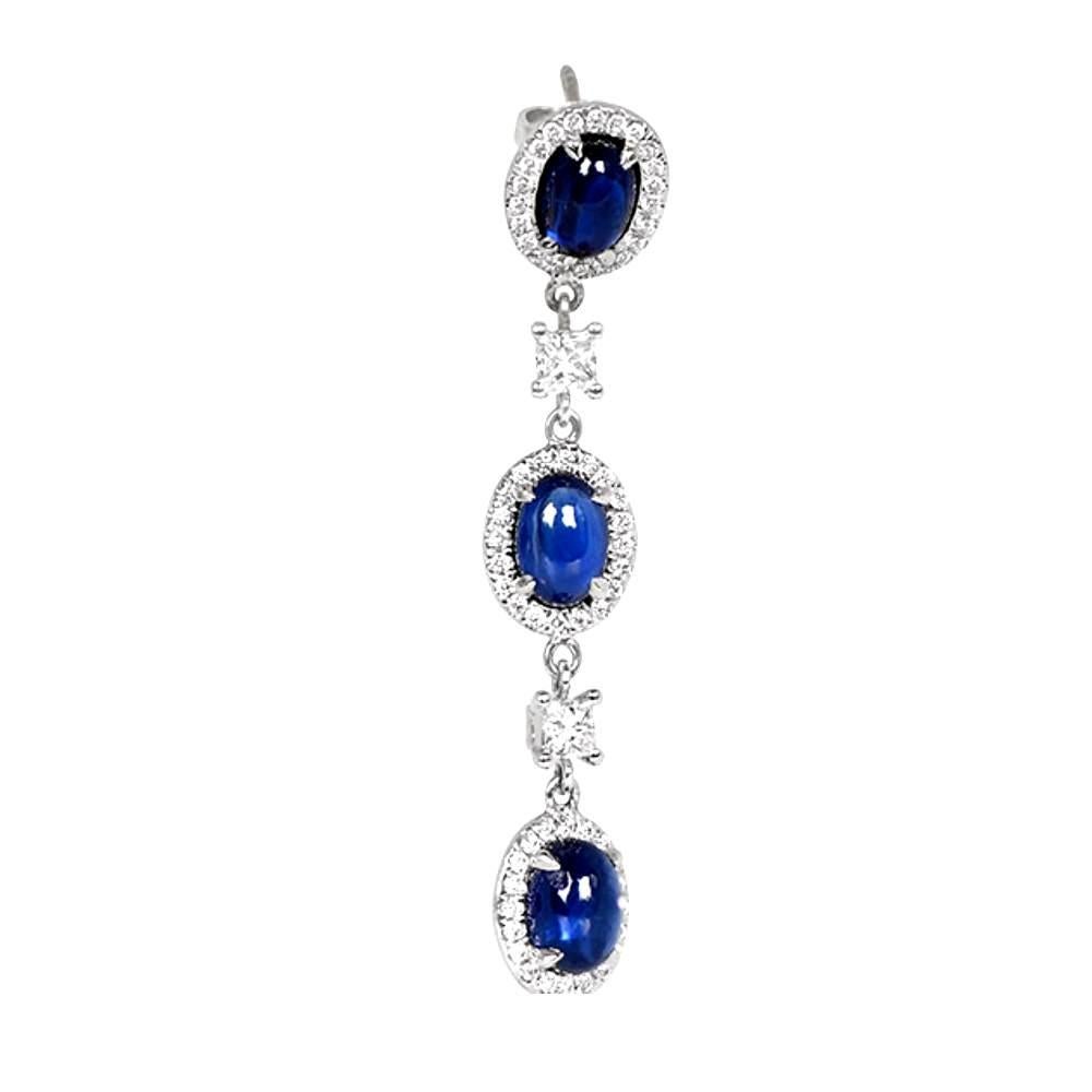 Art Deco 7.70 Carat Cabochon Cut Sapphires Earrings, Diamond Halo, 18k White Gold For Sale
