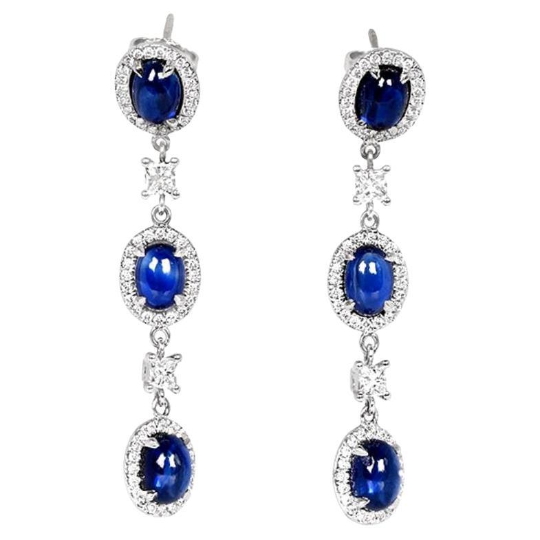 7.70 Carat Cabochon Cut Sapphires Earrings, Diamond Halo, 18k White Gold For Sale