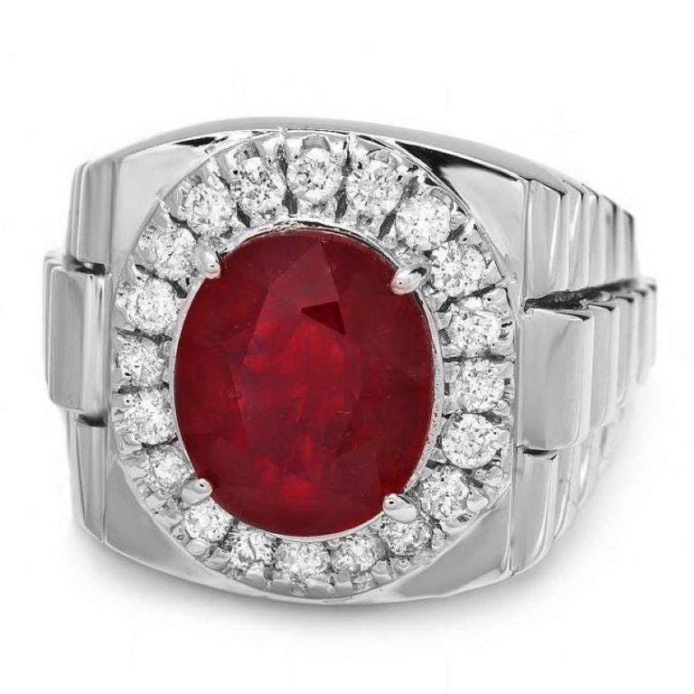 7.70Ct Natural Red Ruby and Diamond 14k Solid White Gold Men's Ring For