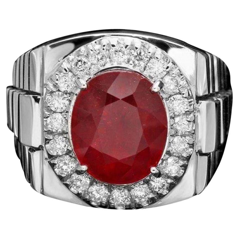 7.70Ct Natural Red Ruby and Diamond 14k Solid White Gold Men's Ring For Sale