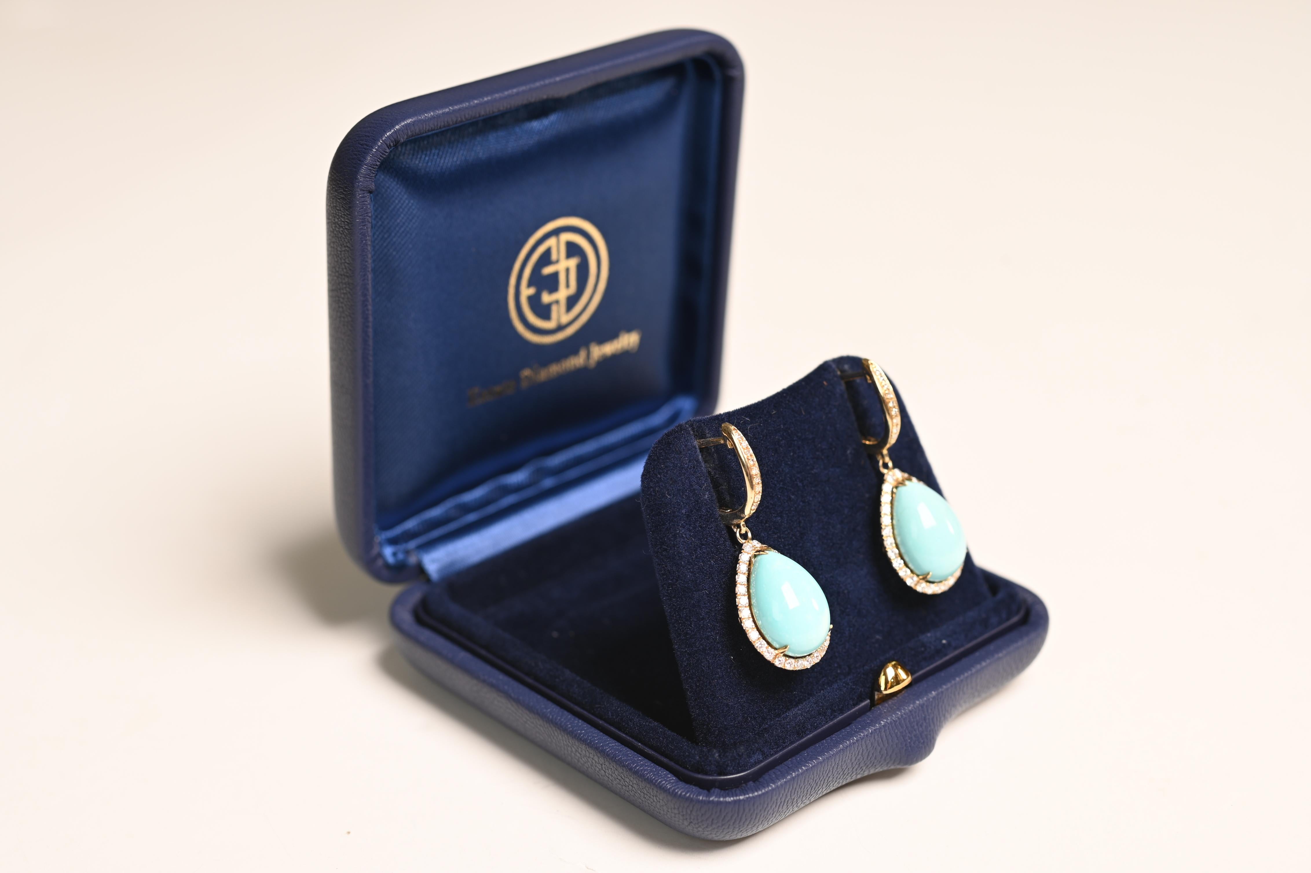 Radiating timeless elegance, these exquisite earrings are a celebration of natural beauty and expert craftsmanship. Each earring showcases a stunning pear-shaped turquoise stone, prized for its vibrant hue and unique character, with a combined