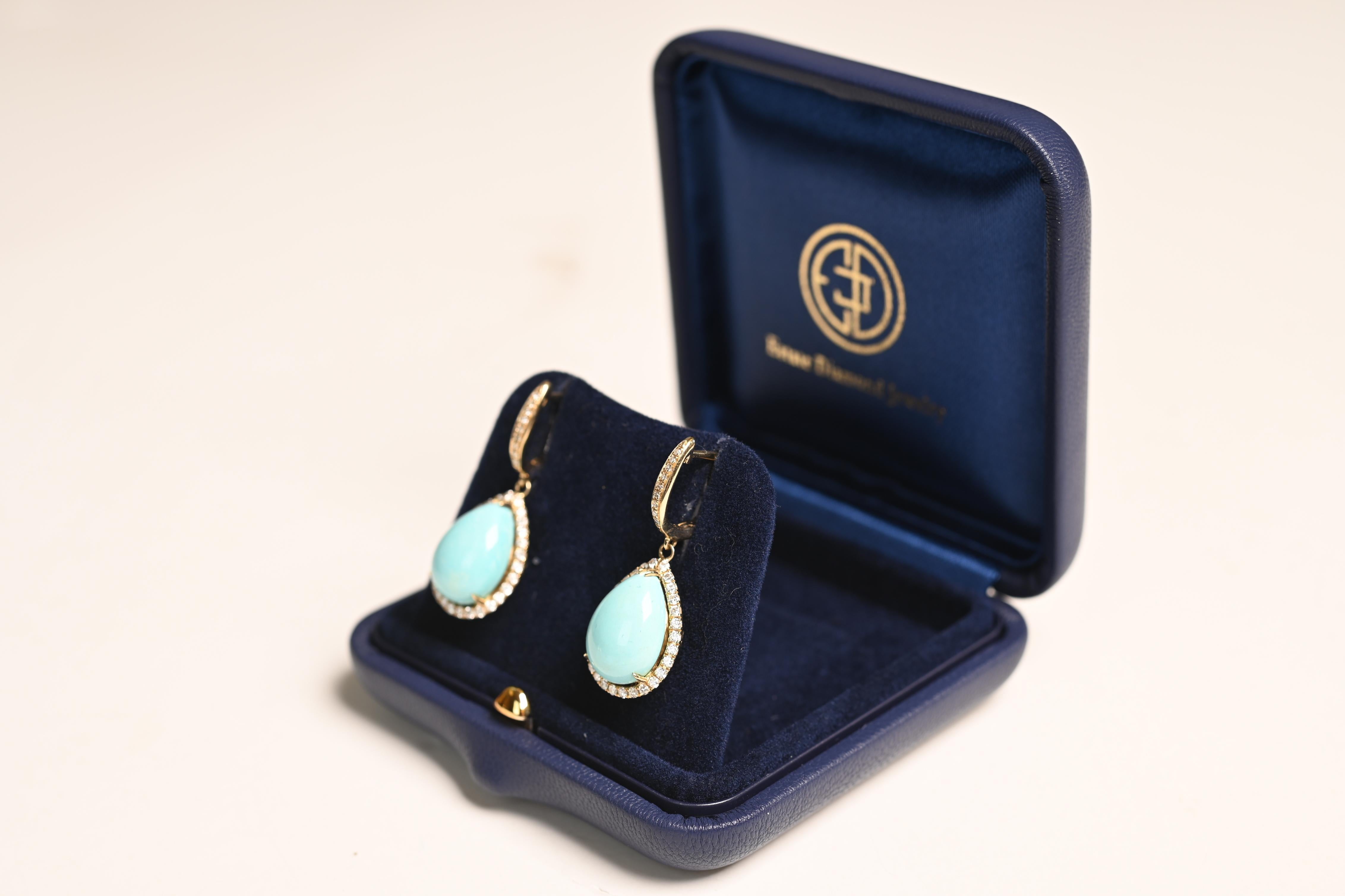 Art Deco Pear-Shaped Turquoise (Approx 7.7-Carats) Tear Drop Earrings, Yellow Gold For Sale