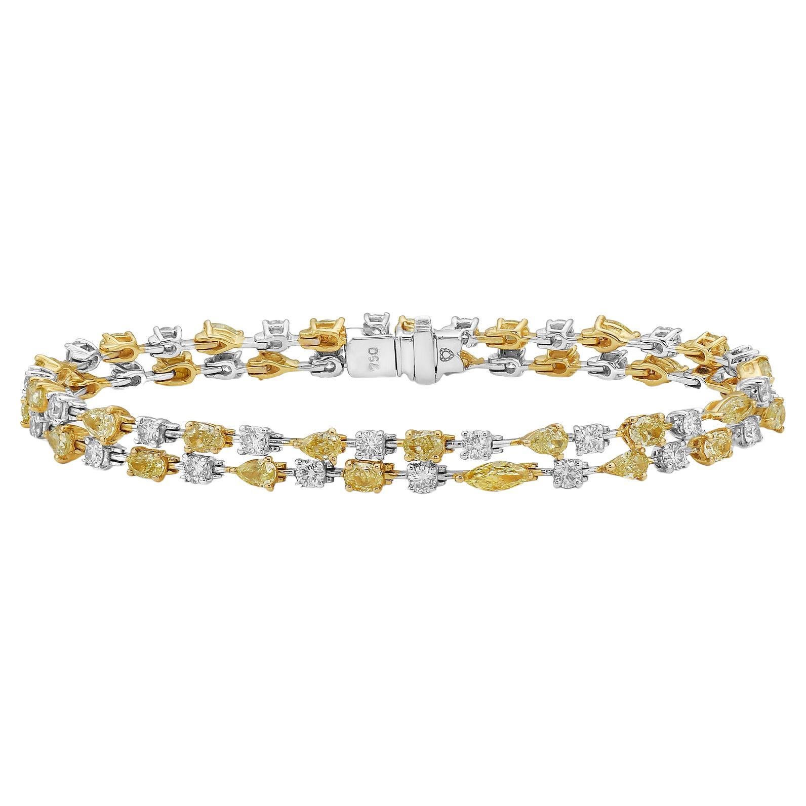 7.70 Carat Double Row Yellow and White Diamond Bracelet For Sale