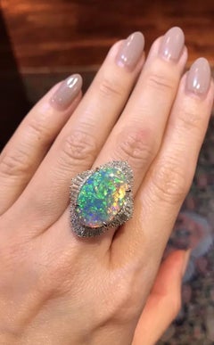 7.71 Carat Certified Black Opal and Diamond Ring in Platinum