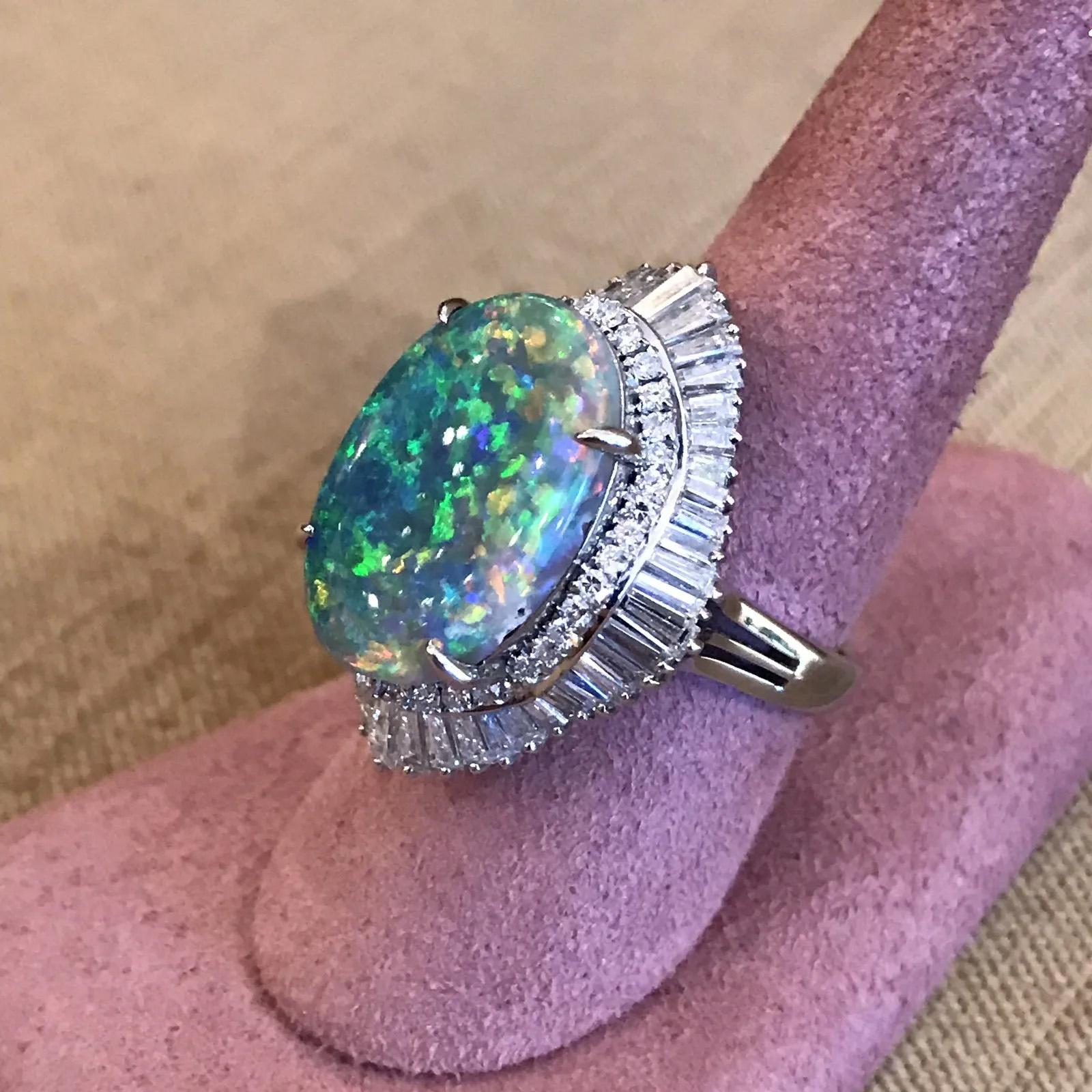 7.71 Carat Certified Black Opal and Diamond Ring in Platinum For Sale 1