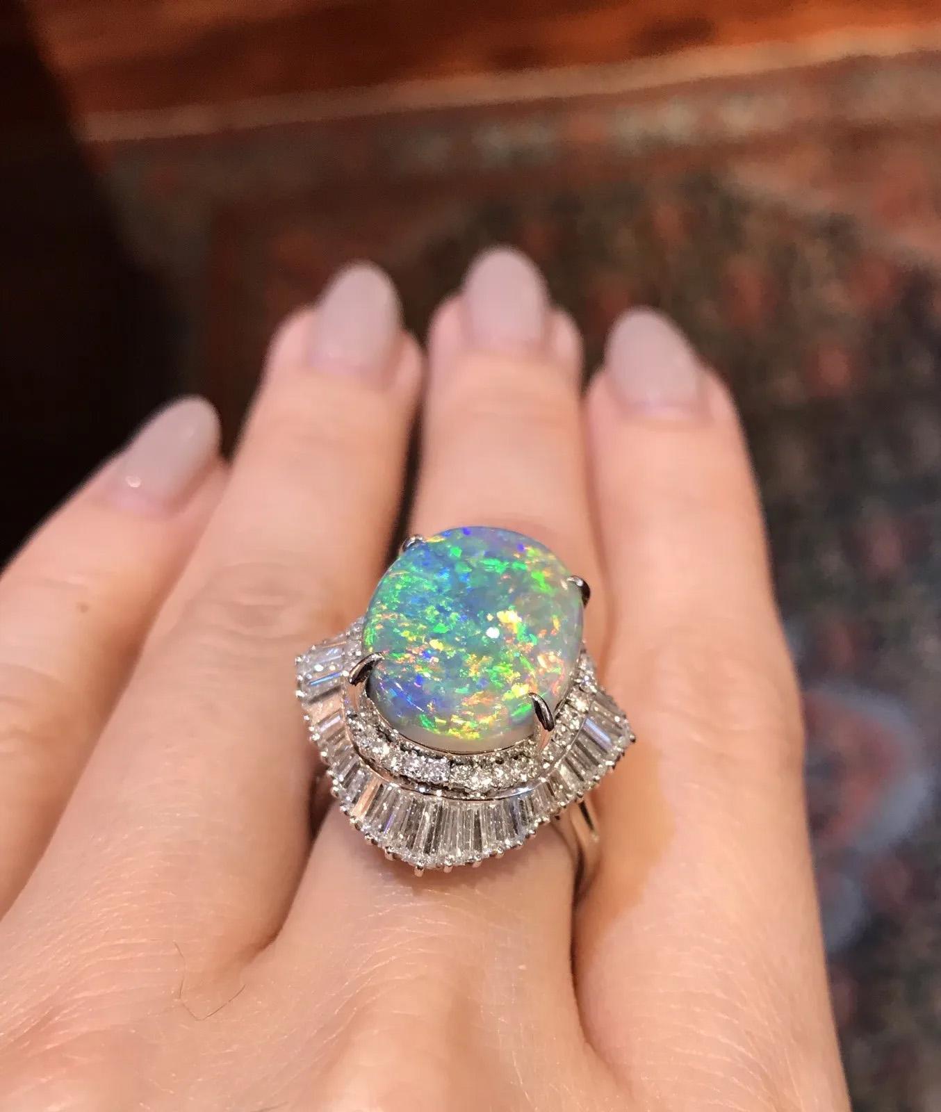 7.71 Carat Certified Black Opal and Diamond Ring in Platinum For Sale 2