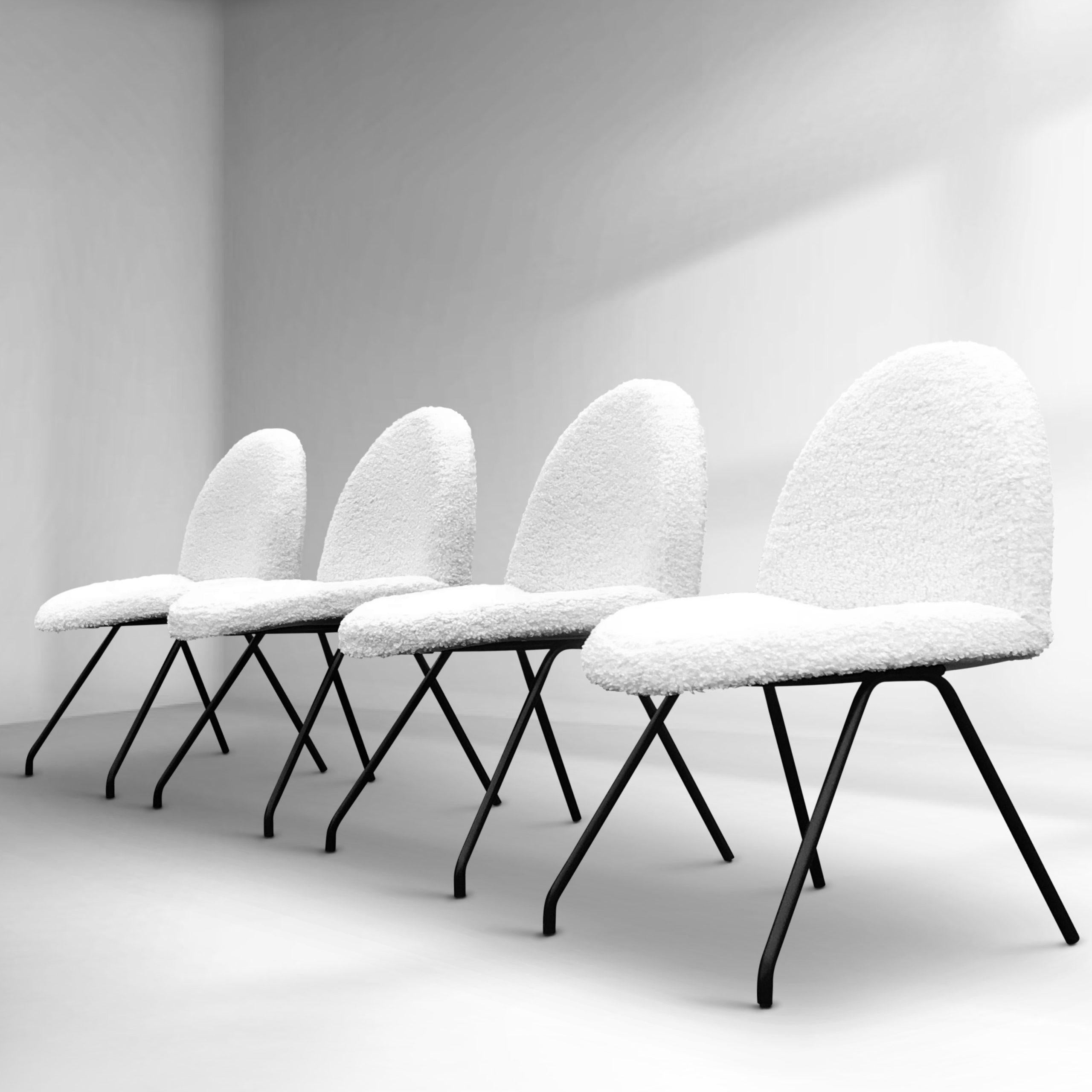 Set of infamous Language dining chairs by the French grandmaster of design Joseph André Motte, also known as “Tongue” chairs, due to the unmistakable shape of the seat.

These chairs were designed in 1954 by Joseph André Motte for Steiner France, as