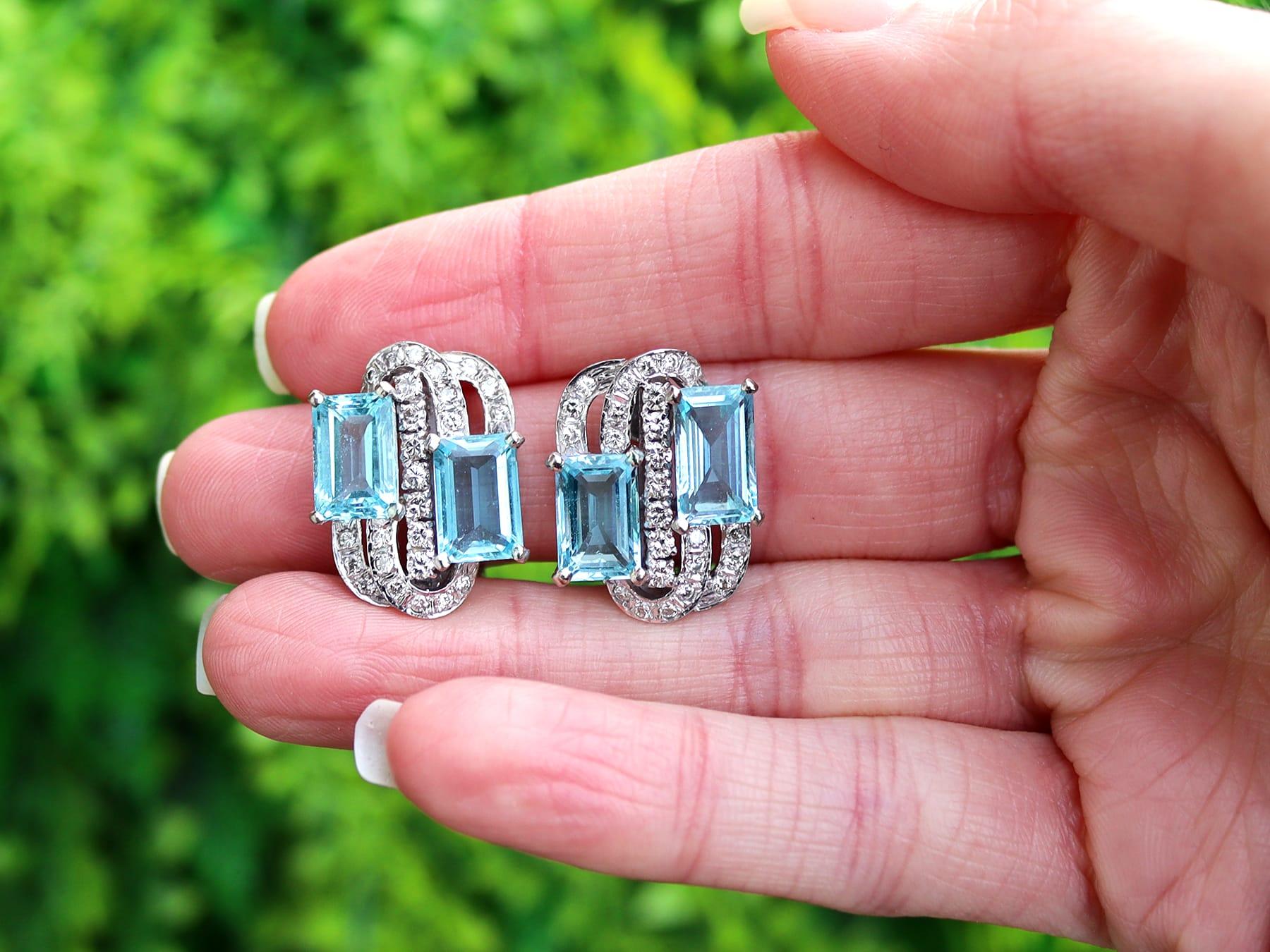 A stunning, fine and impressive pair of vintage 7.72 carat natural aquamarine and 1.18 carat diamond, 14 karat white gold earrings; part of our diverse vintage jewelry collection.

These stunning aquamarine and diamond earrings have been crafted in