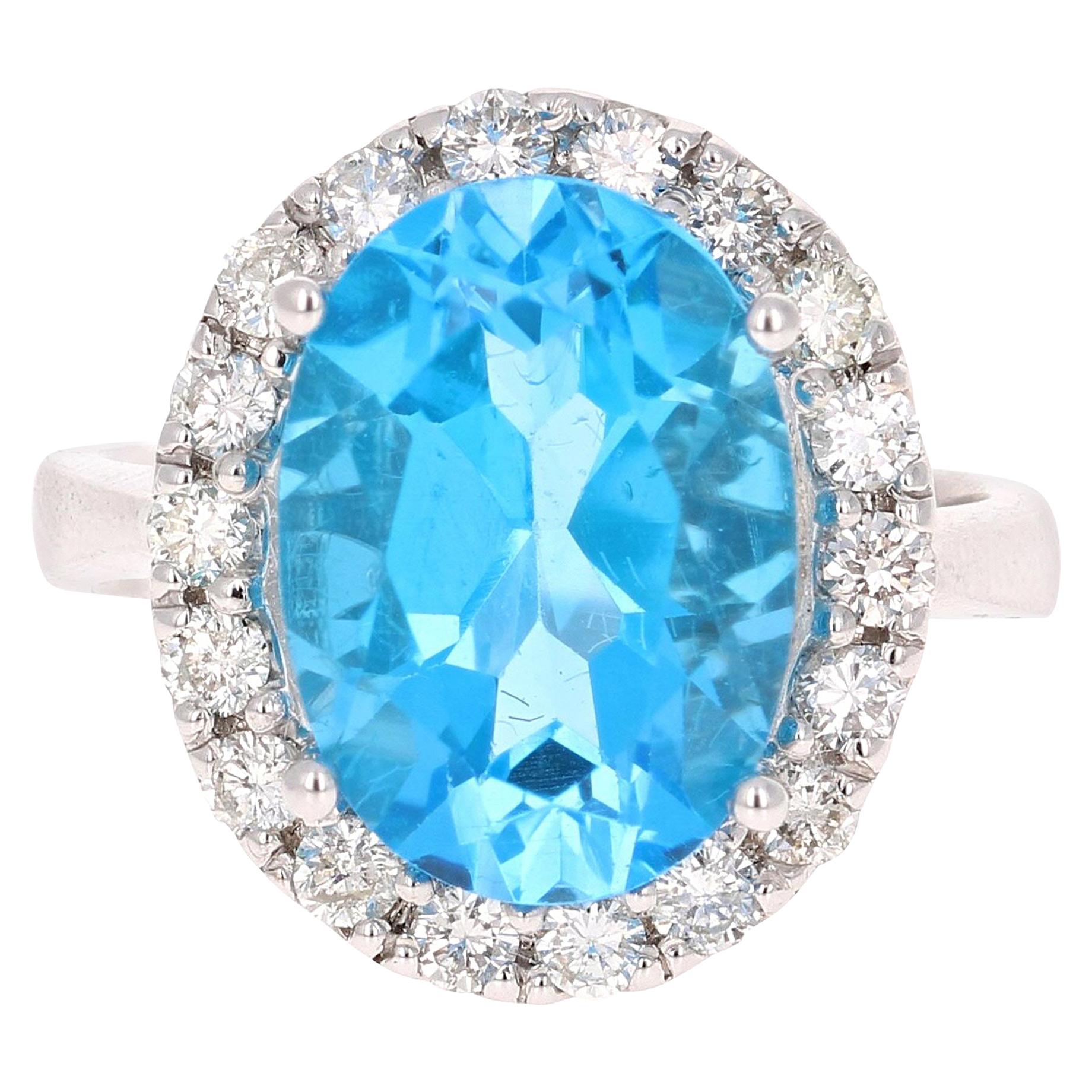 7.72 Carat Blue Topaz Halo Diamond 4 Karat White Gold Ring For Sale