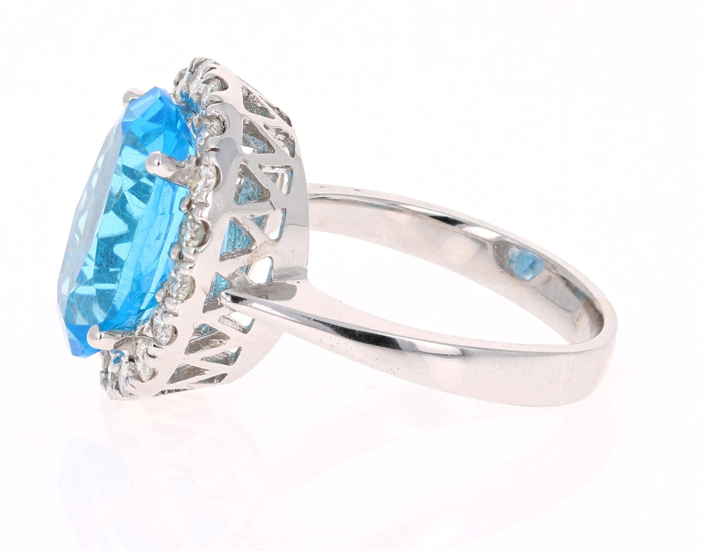 Contemporary 7.72 Carat Blue Topaz Halo Diamond 4 Karat White Gold Ring For Sale