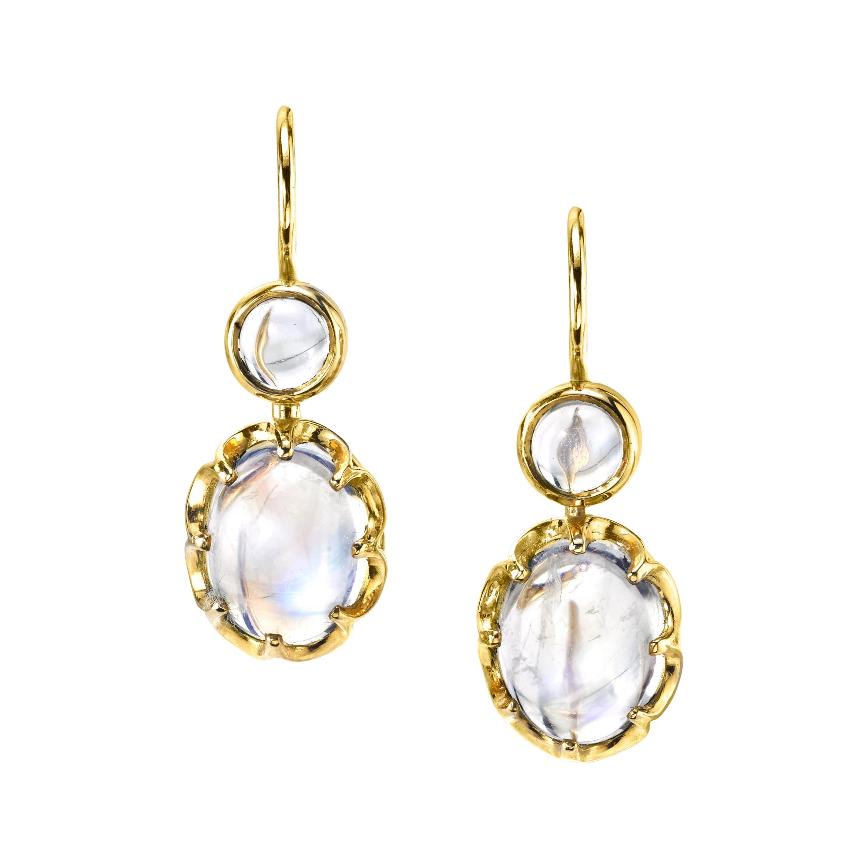 6.74 ct. t.w. Moonstone Oval, Round Cabochon, Yellow Gold Wire Drop Earrings
