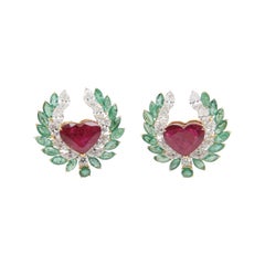 7.72 Carat No Heat Thai Ruby, Emerald and Diamond Earring 18k Gold