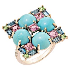7.72 Carat Turquoise Cocktail Ring in 18KRG with Multi Gemstone & Diamond.  