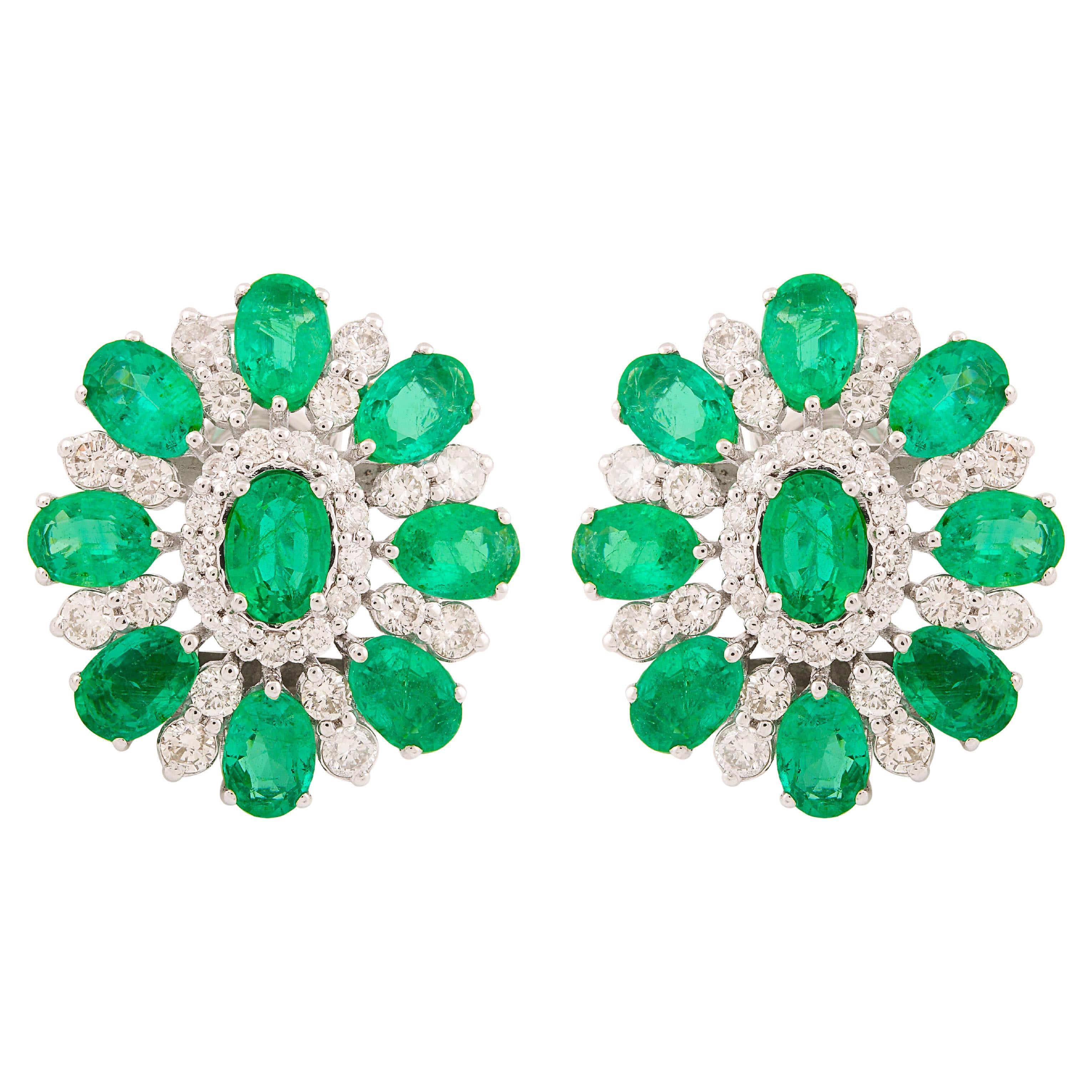 7.72 TCW Oval Emerald Diamond Floral Stud Earrings 10 Karat White Gold
