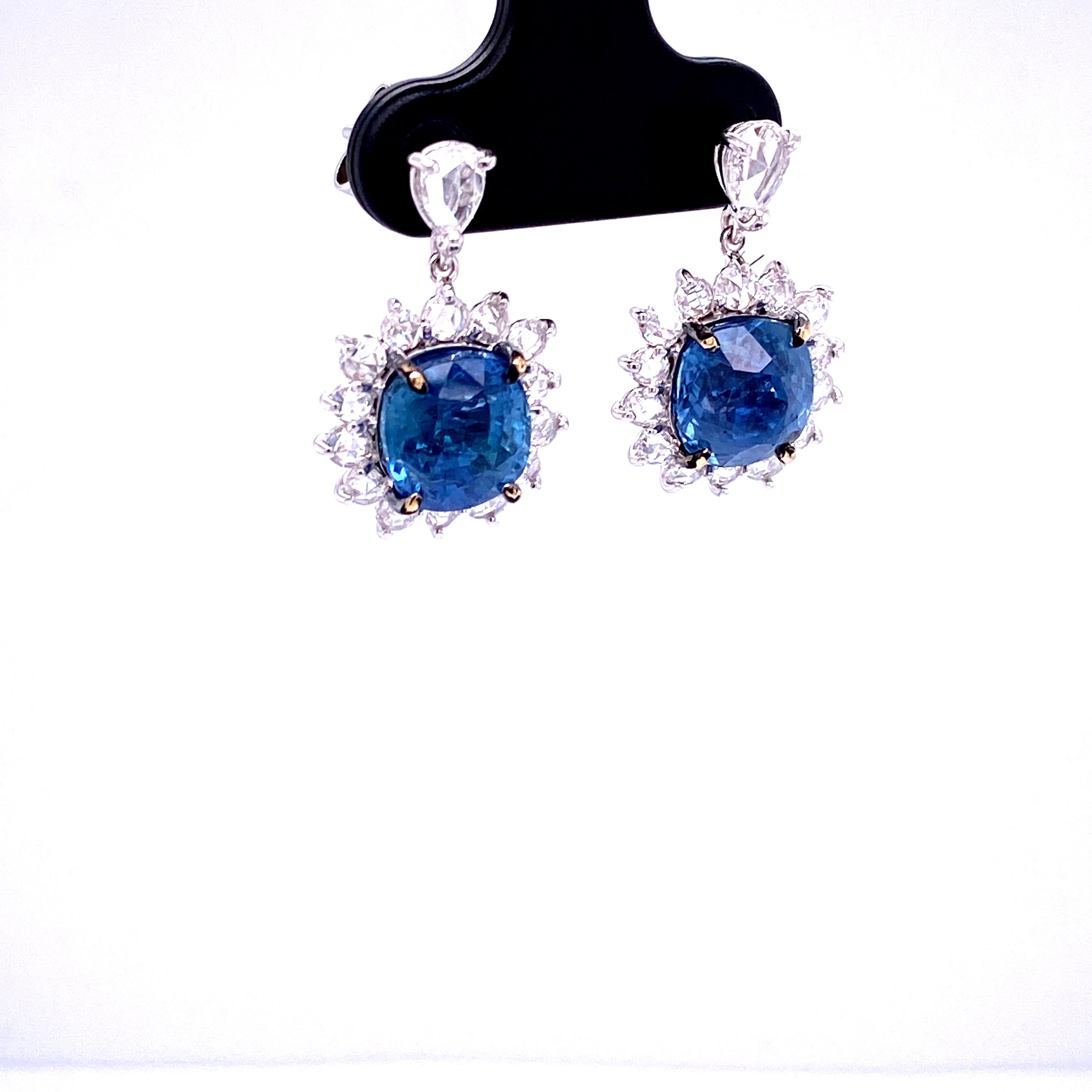 Contemporary 7.73 Carat GRS Certified Unheated Burmese Sapphires and Diamond Gold Earrings