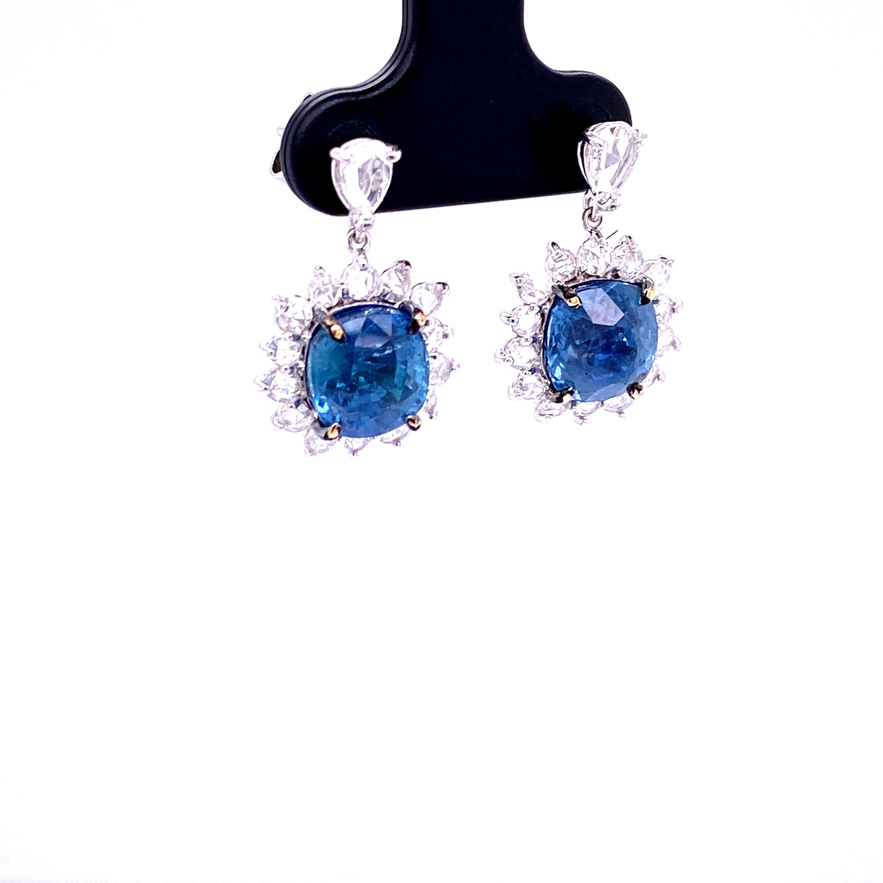 Cushion Cut 7.73 Carat GRS Certified Unheated Burmese Sapphires and Diamond Gold Earrings