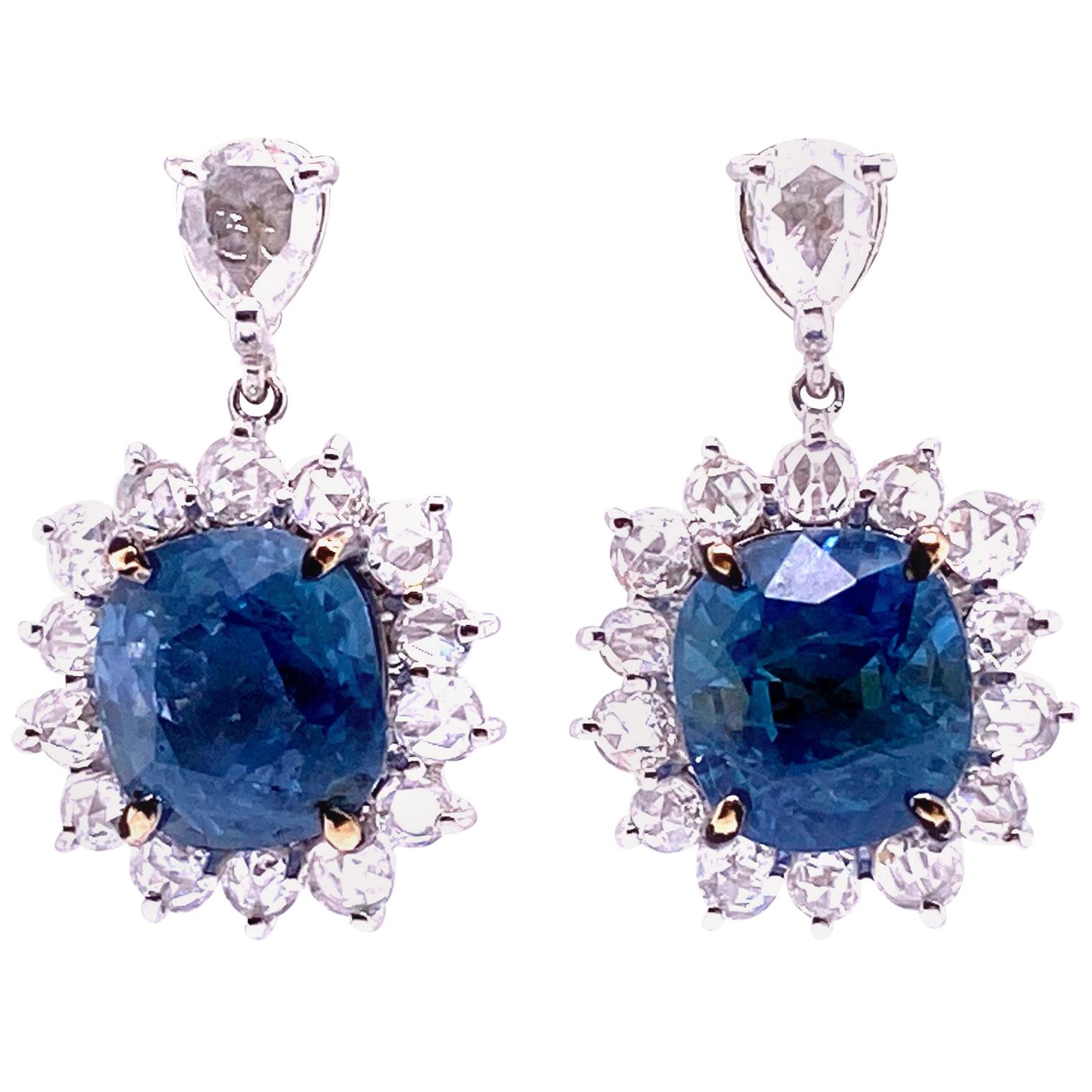 7.73 Carat GRS Certified Unheated Burmese Sapphires and Diamond Gold Earrings
