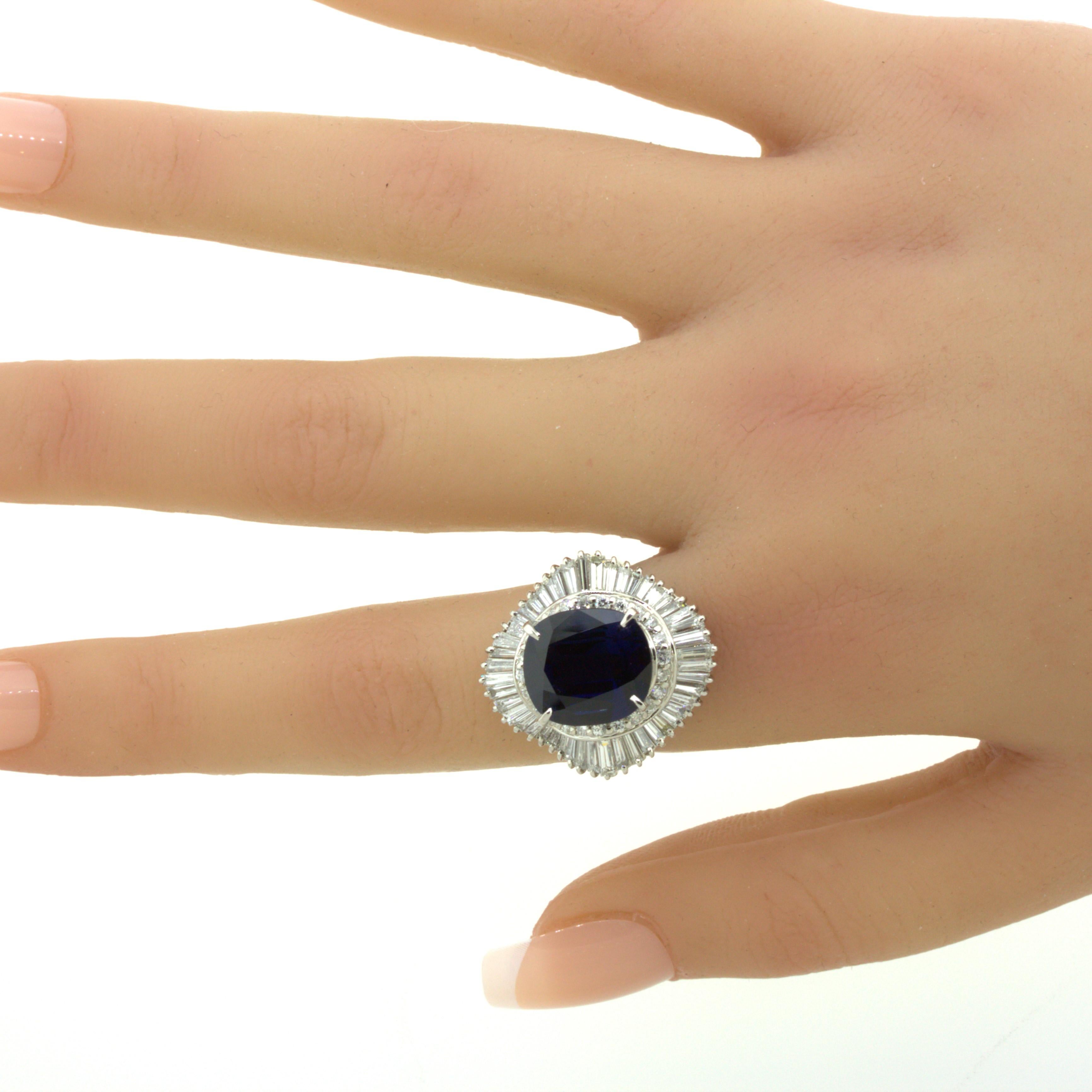 7.73 Carat No-Heat Blue Sapphire Diamond Platinum Ballerina Ring, GIA Certified For Sale 1