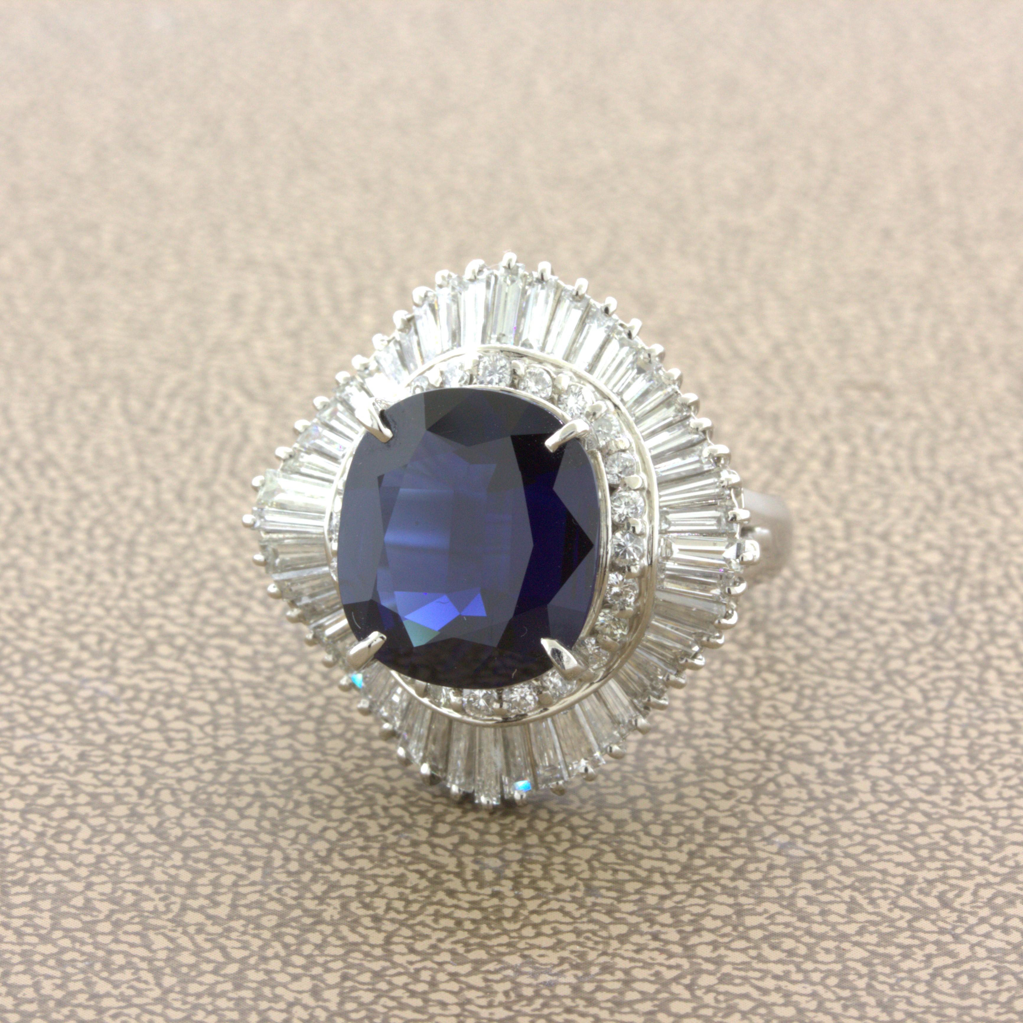 Cushion Cut 7.73 Carat No-Heat Blue Sapphire Diamond Platinum Ballerina Ring, GIA Certified For Sale