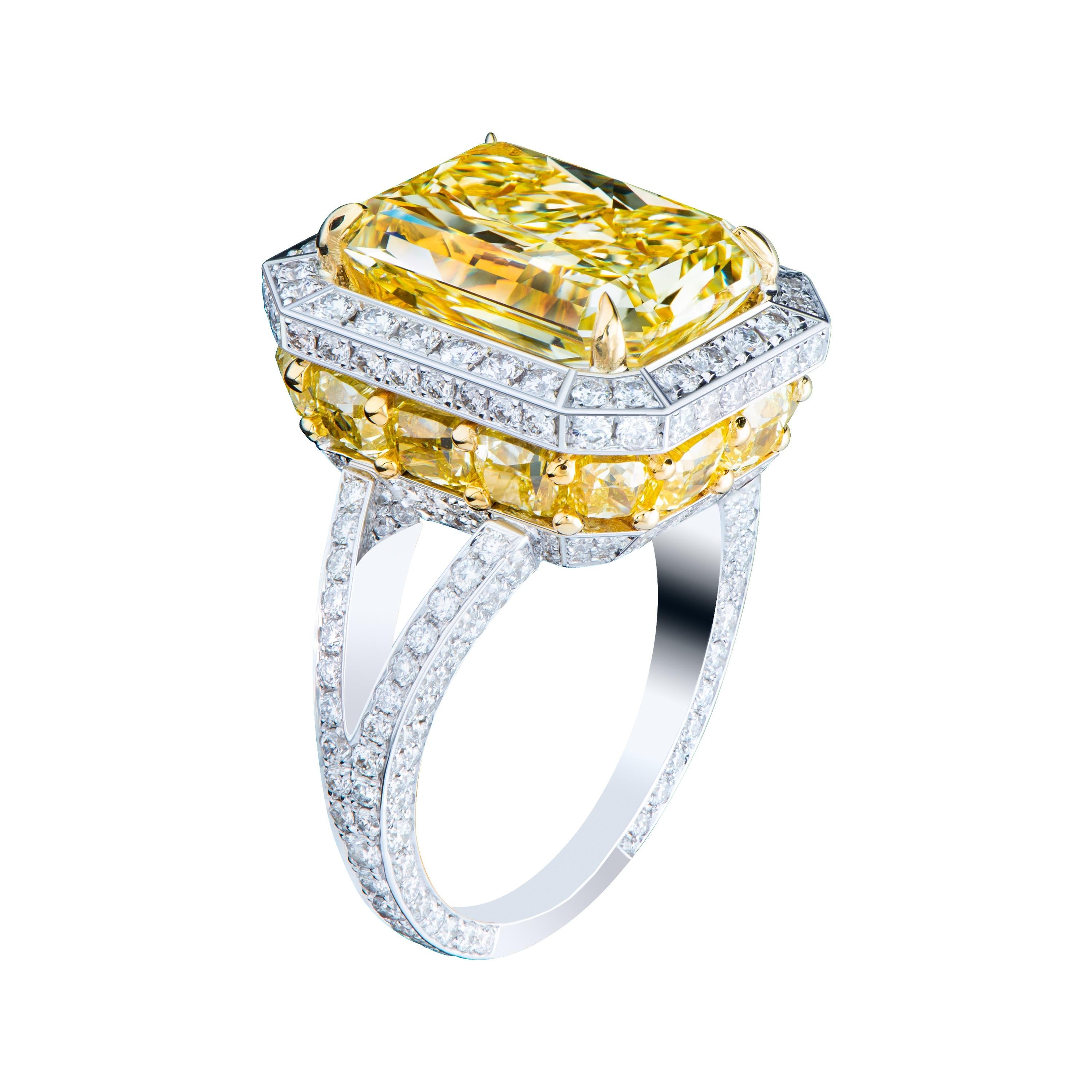 7.73 Carat Radiant Cut Fancy Yellow Diamond Halo Ring