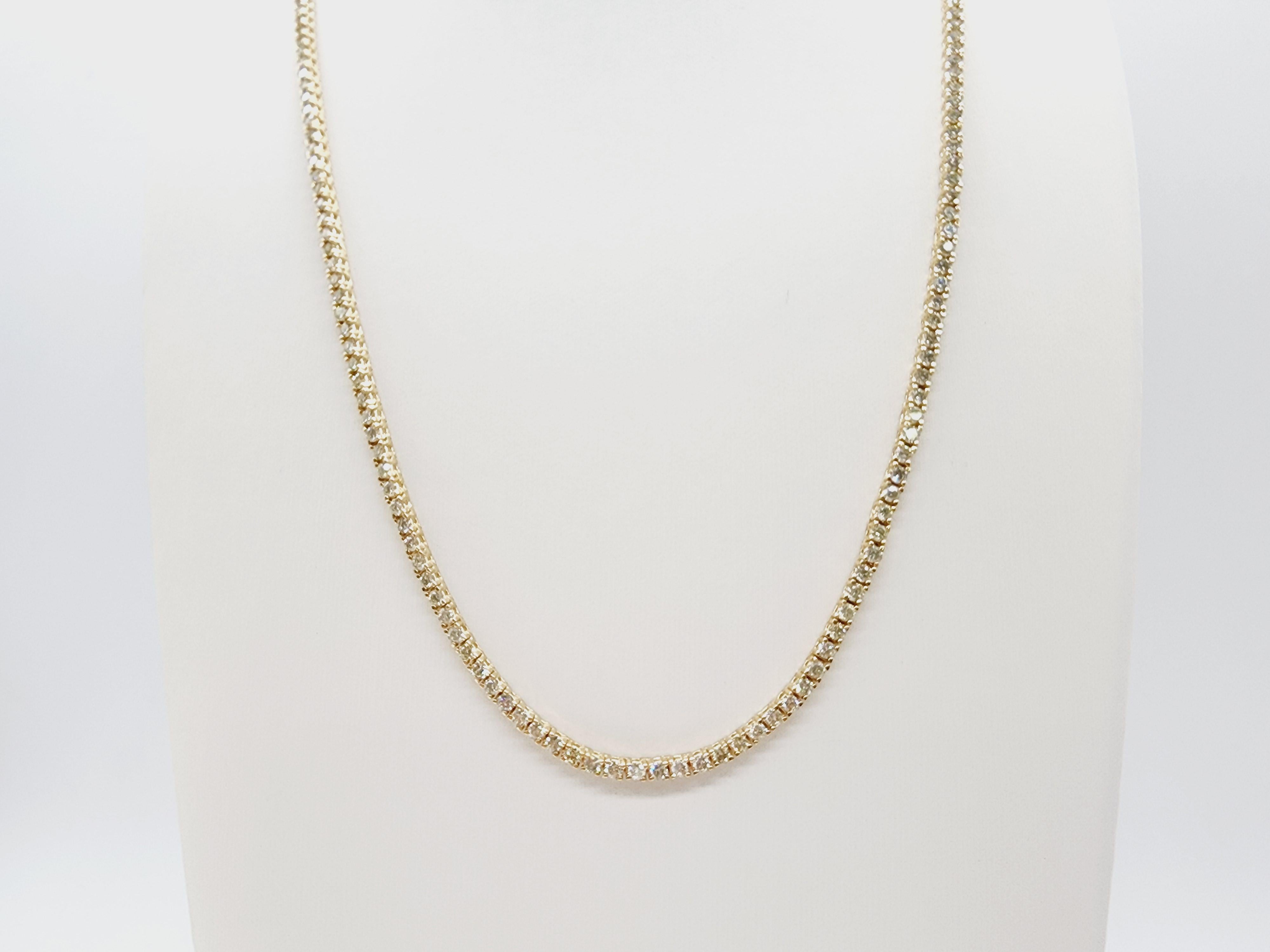 Women's or Men's 7.73 Carat Round Brilliant Cut Diamond Tennis Necklace 14 Karat Yellow Gold 20''