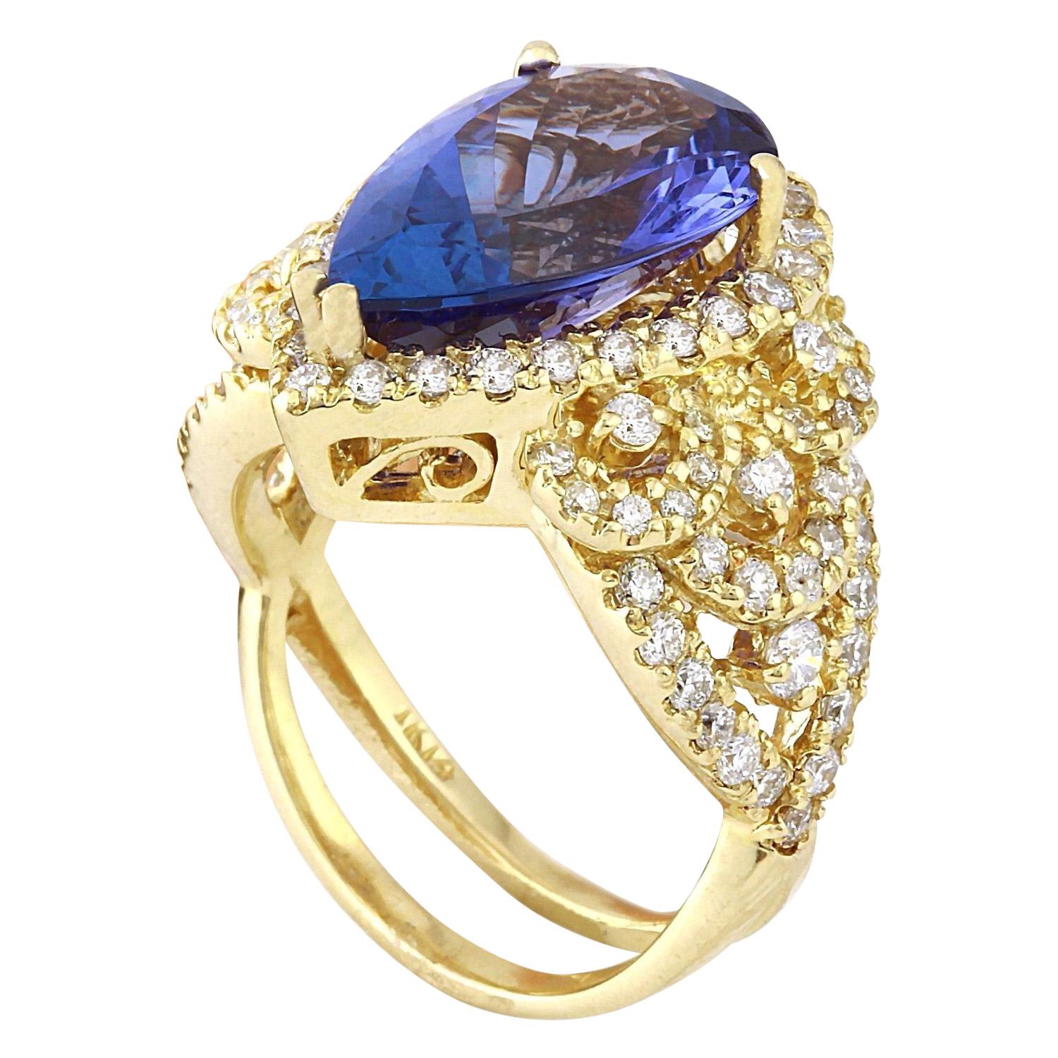 Women's 7.73 Carat Tanzanite 18 Karat Solid Yellow Gold Diamond Ring For Sale