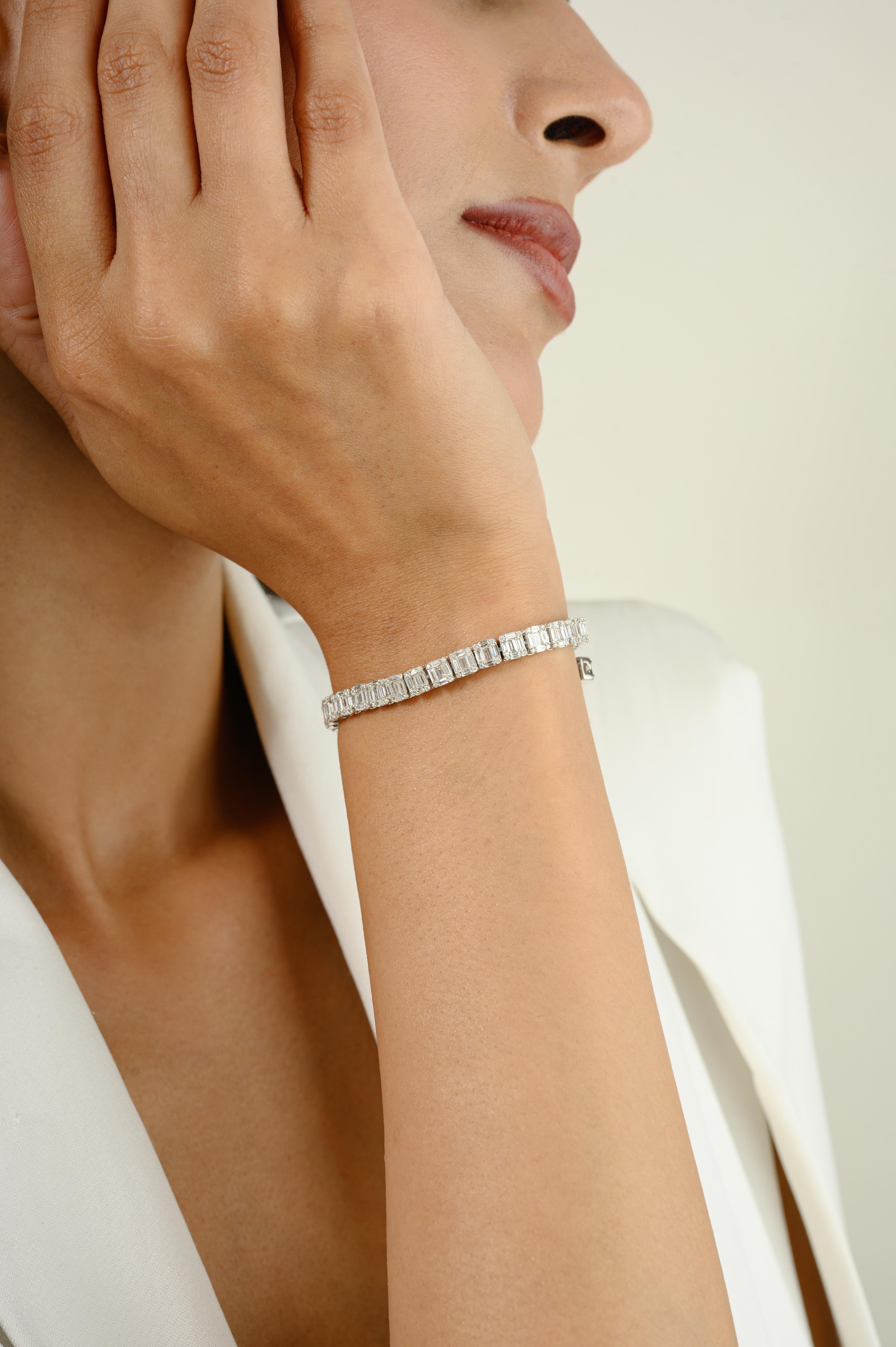 This 7.73 Carats Natural Diamond Cluster Engagement Bracelet in 18K gold showcases sparkling natural diamonds, weighing 7.73 carats. 
April birthstone diamond brings love, fame, success and prosperity.
Designed with mixed cut diamonds cluster set in