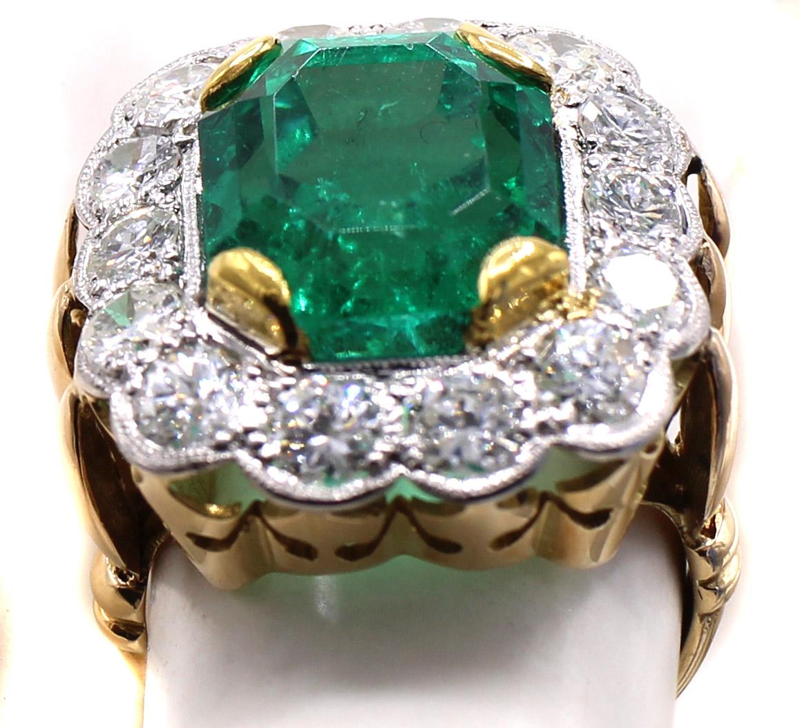 Emerald Cut 7.73 ct Colombian Emerald Diamond Vintage Ring For Sale
