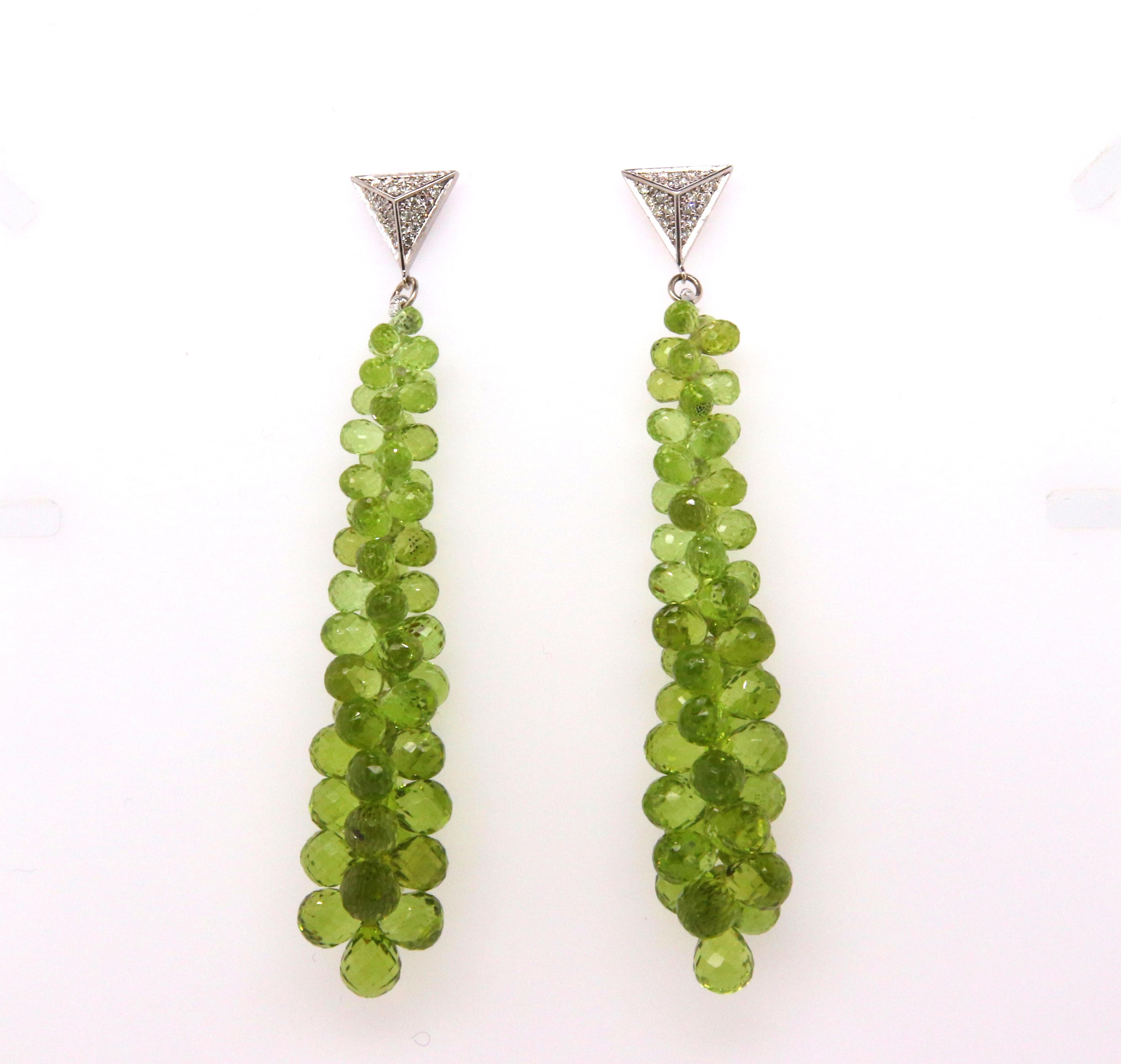 Contemporary 77.35 Carat Peridot and Diamond Briolette Drop and Dangle Earrings