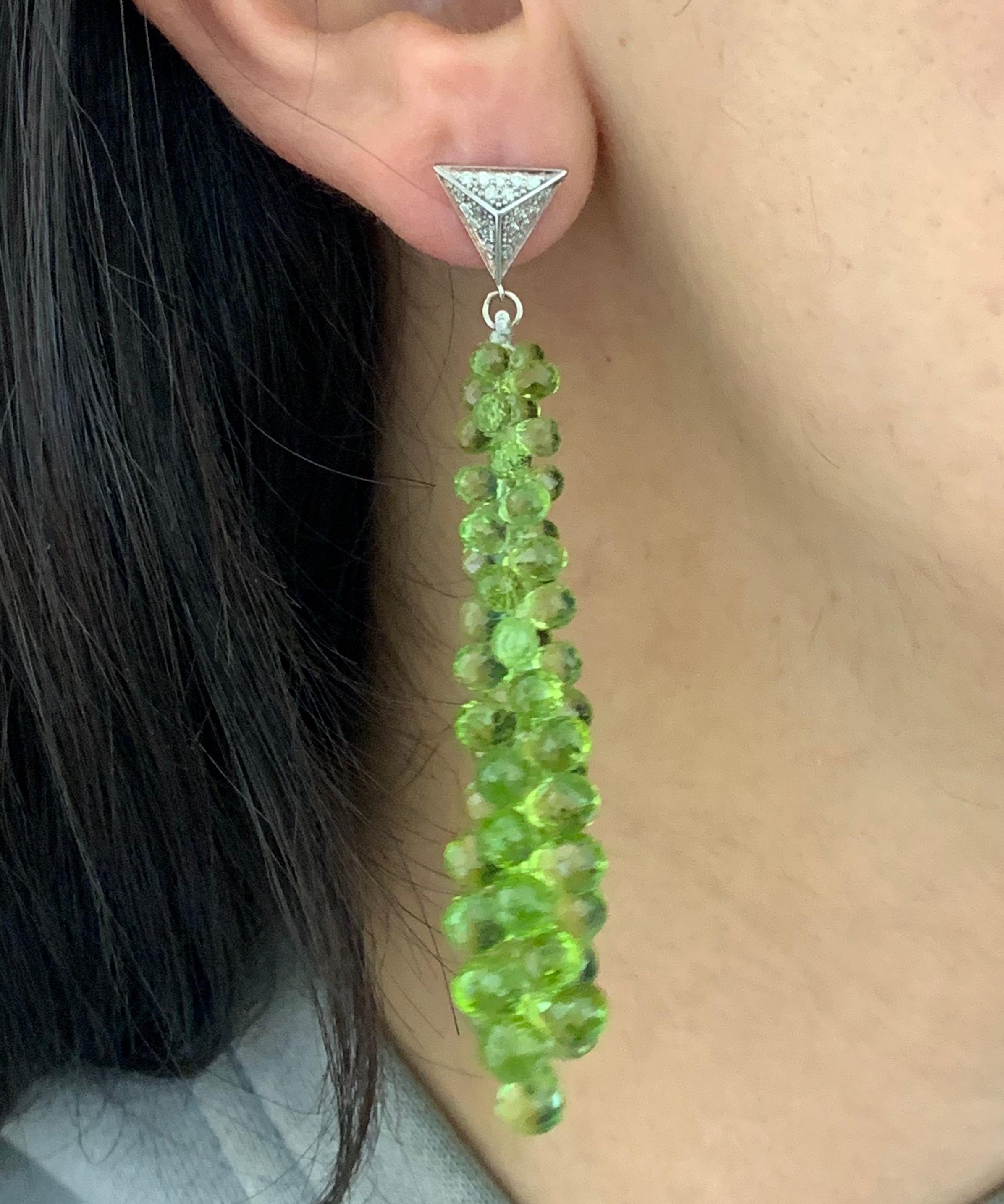 Oval Cut 77.35 Carat Peridot and Diamond Briolette Drop and Dangle Earrings