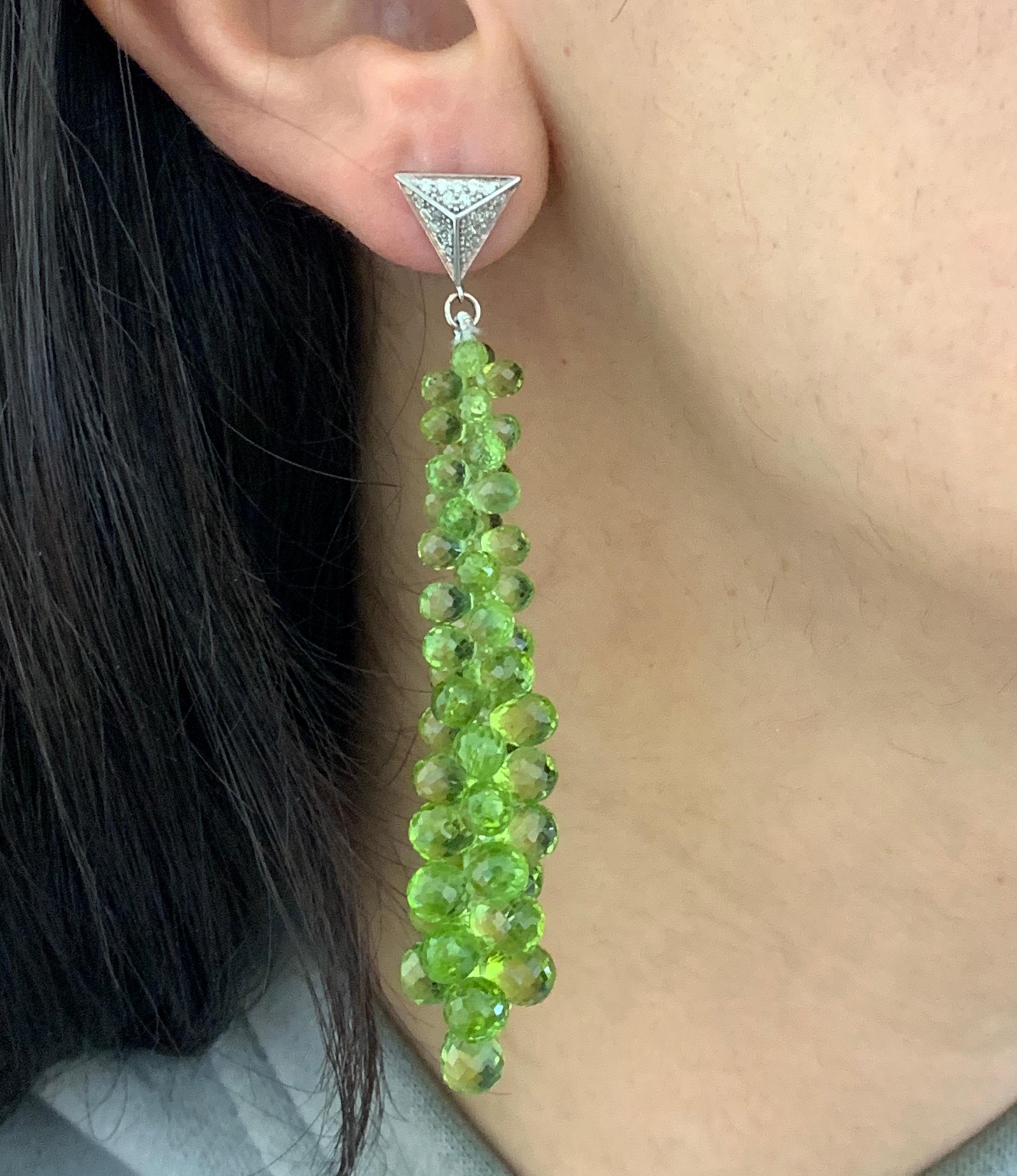 77.35 Carat Peridot and Diamond Briolette Drop and Dangle Earrings In New Condition In GREAT NECK, NY