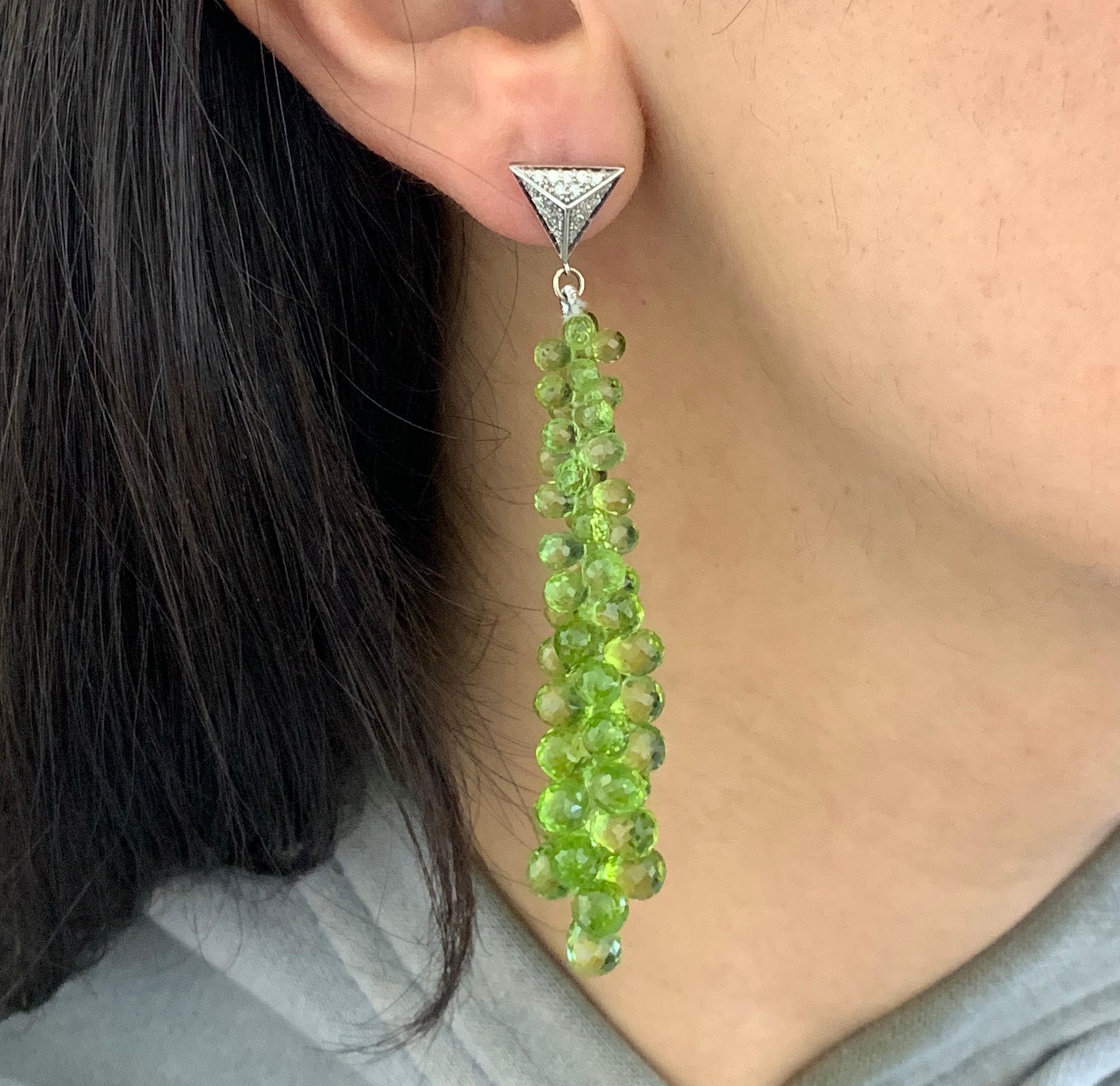 77.35 Carat Peridot and Diamond Briolette Drop and Dangle Earrings 1