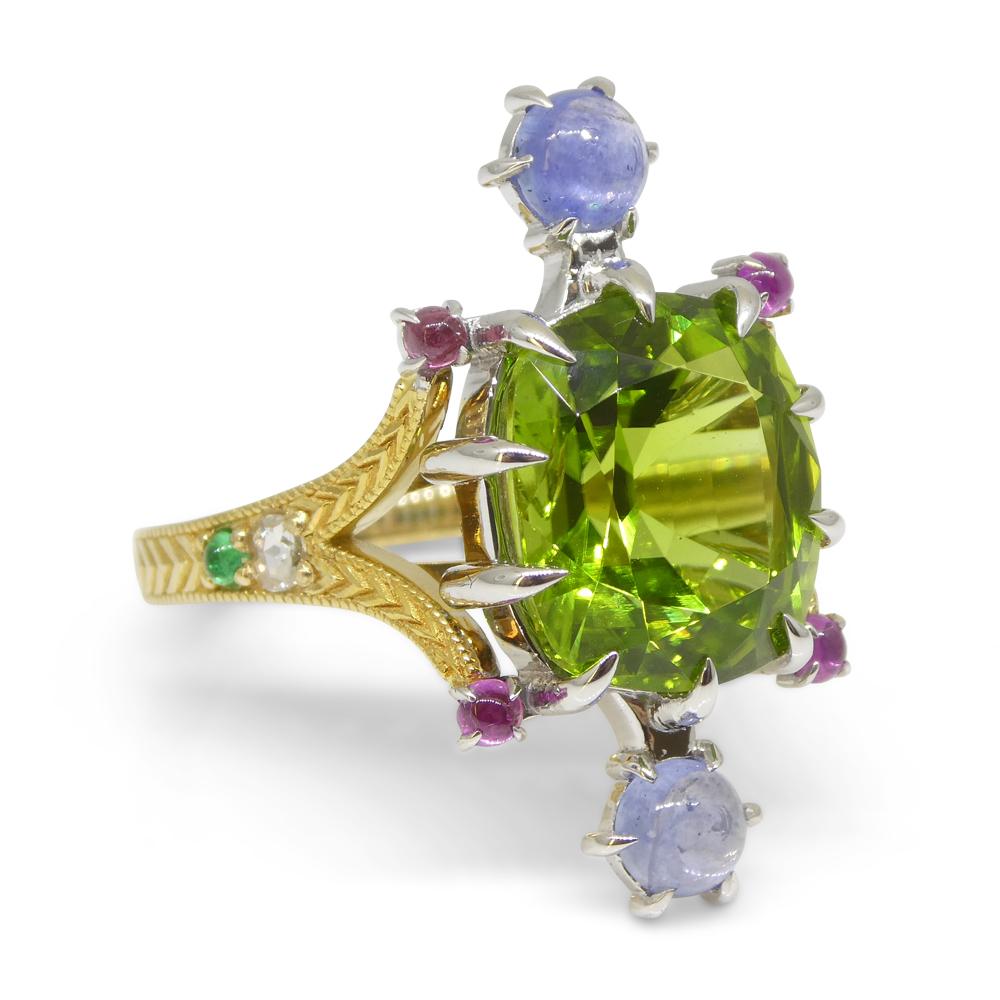7.73ct Peridot, Sapphire, Ruby & Diamond Cocktail Ring set in 14k Yellow and Whi For Sale 5