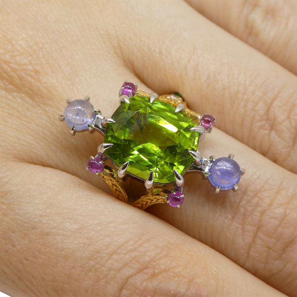 7.73ct Peridot, Sapphire, Ruby & Diamond Cocktail Ring set in 14k Yellow and Whi For Sale 6