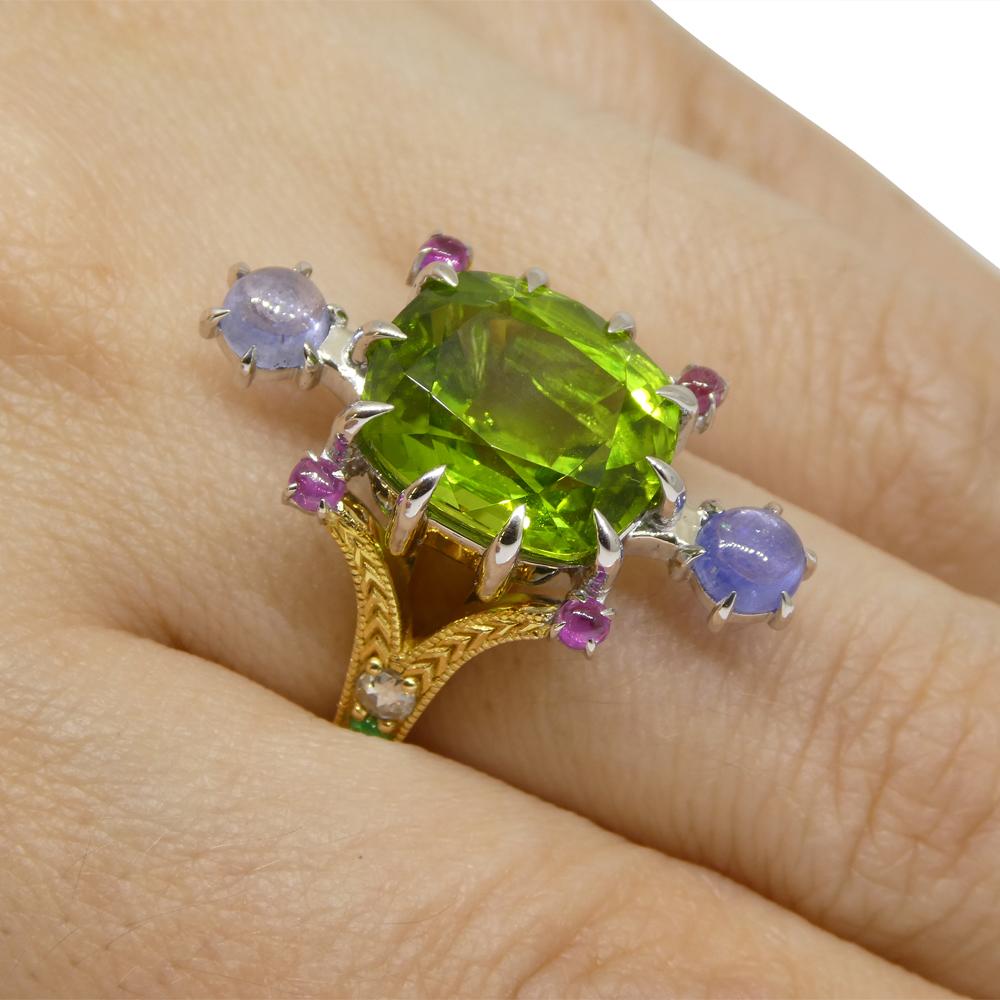 Contemporary 7.73ct Peridot, Sapphire, Ruby & Diamond Cocktail Ring set in 14k Yellow and Whi For Sale